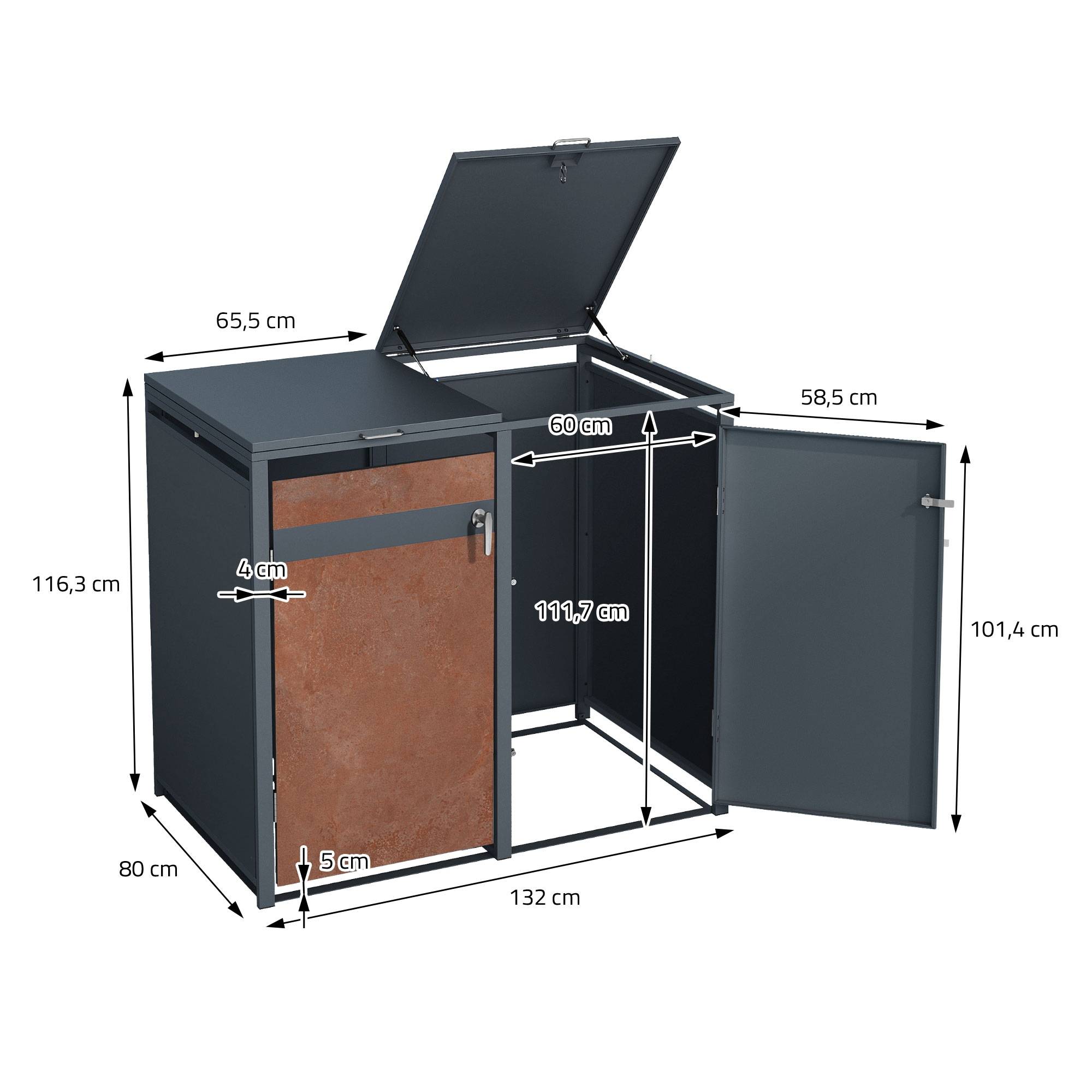 Abri pour 3 poubelles 200x80x116,3 cm capacité de 60L à 240L anthracite/aspect rouillé acier couvercle rabattable/3 portes résistant aux intempéries - Image 9