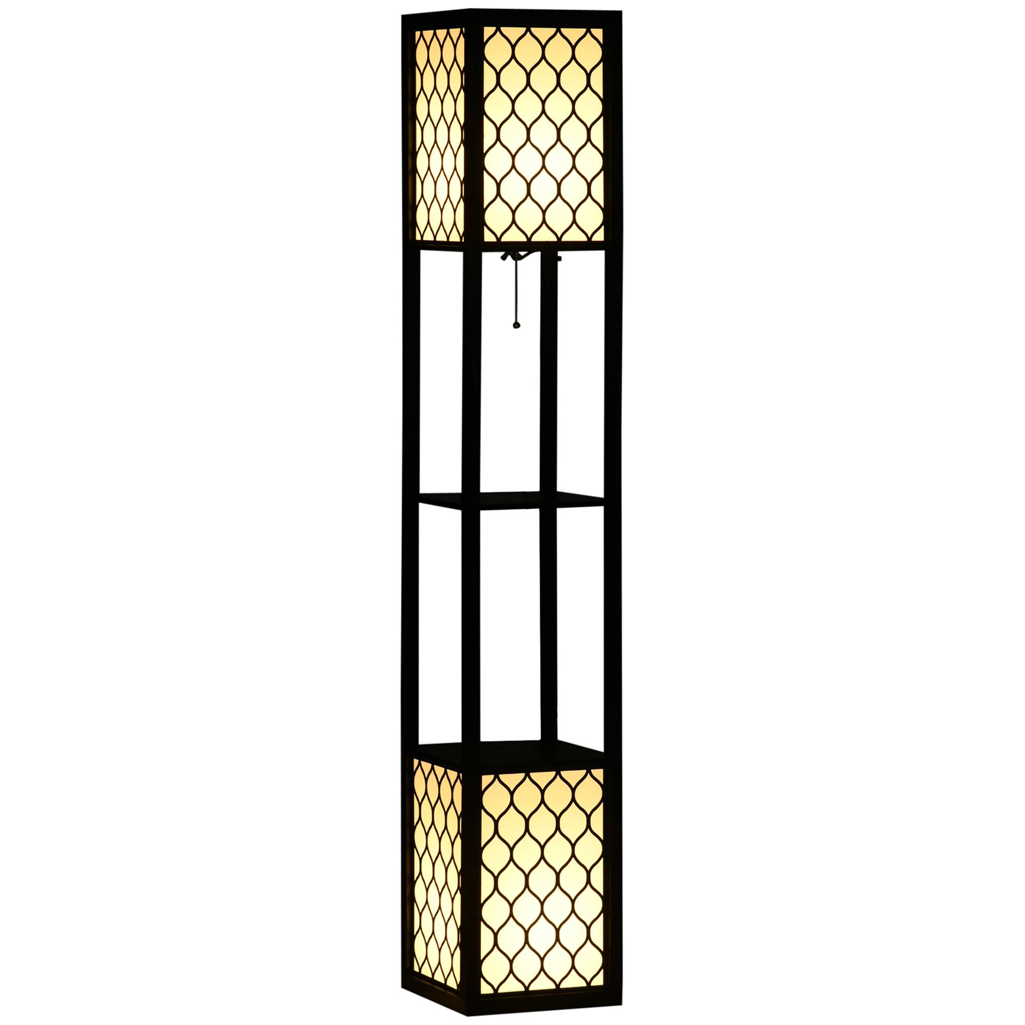 Lampadaire bois noir et blanc avec étagères interrupteur à chaînette 26 × 26 × 156 cm salon et chambre - Image 2