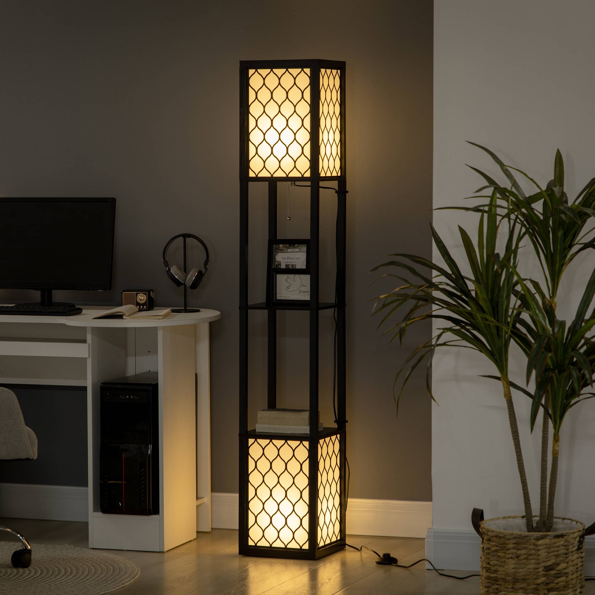 Lampadaire bois noir et blanc avec étagères interrupteur à chaînette 26 × 26 × 156 cm salon et chambre - Image 4