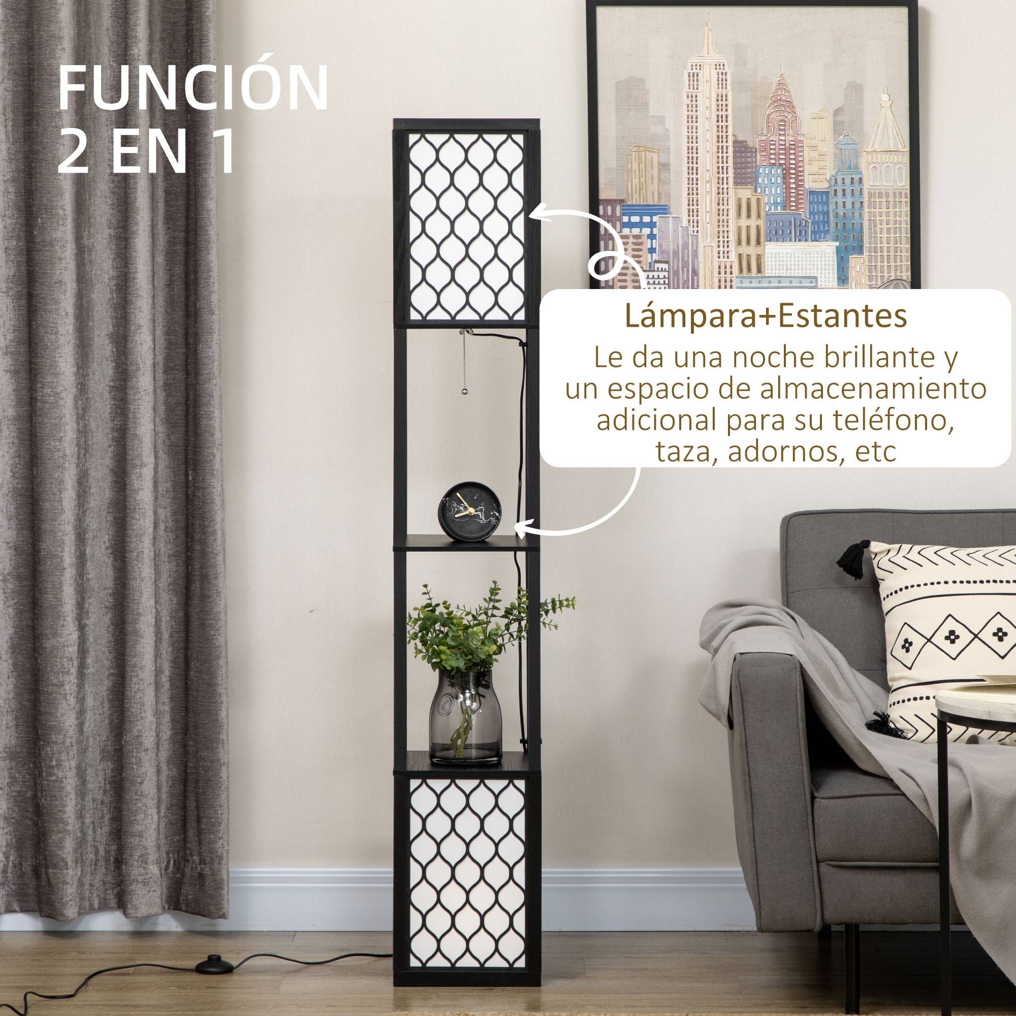 Lampadaire bois noir et blanc avec étagères interrupteur à chaînette 26 × 26 × 156 cm salon et chambre - Image 6
