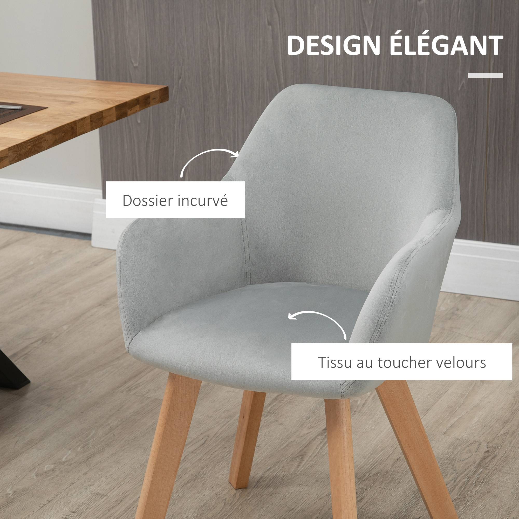 Lot de 2 chaises de salle à manger Fauteuil Assise rembourrée en tissu effet velours Pieds en bois, gris - Image 7