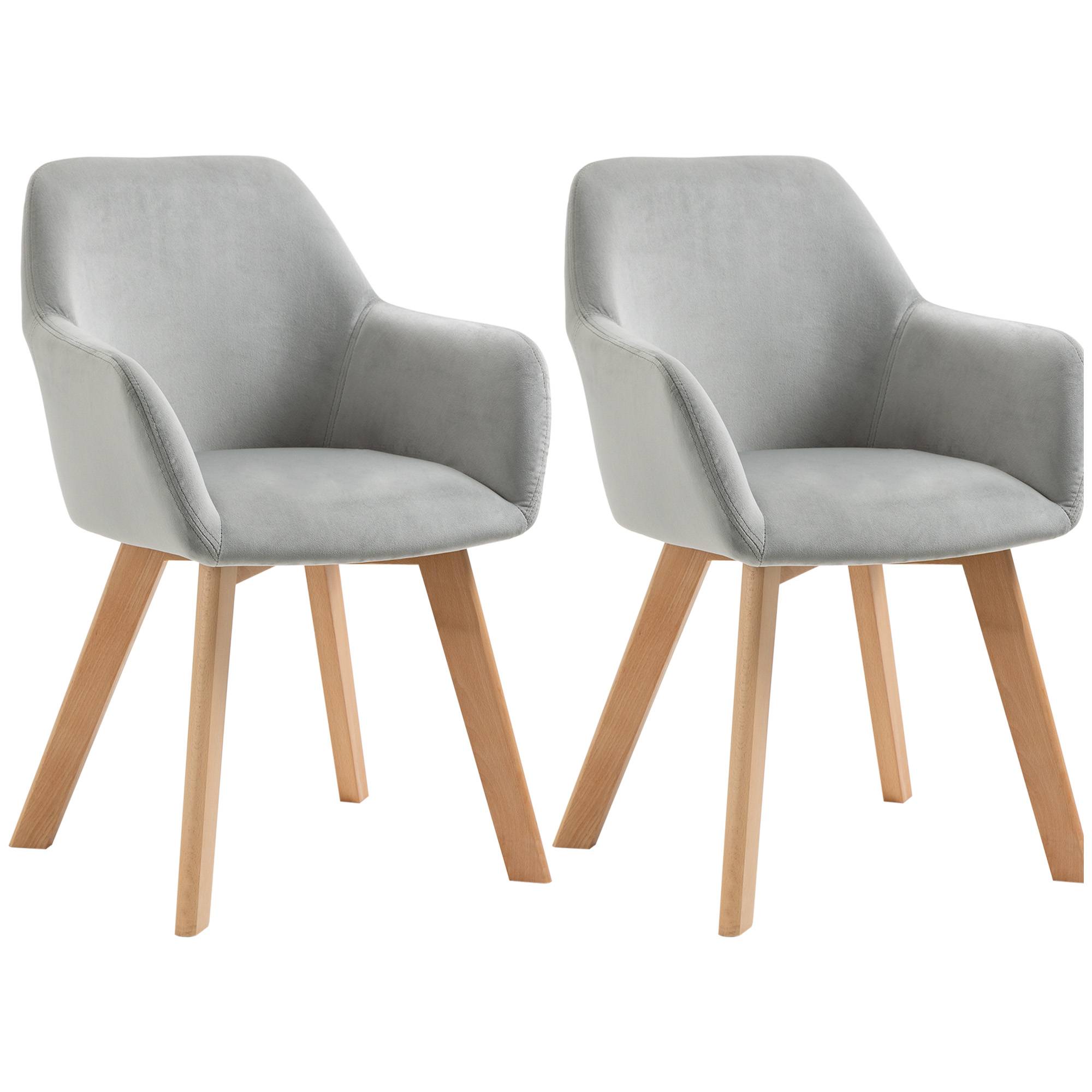 Lot de 2 chaises de salle à manger Fauteuil Assise rembourrée en tissu effet velours Pieds en bois, gris - Image 2