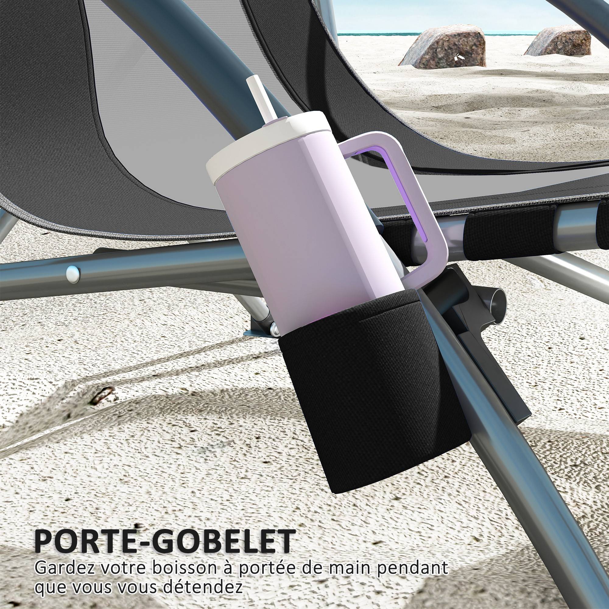 Lot de 2 chaises de plage pliantes tissu Oxford camping avec porte-gobelet noir - ComfortXL Outdoor Living - Image 8