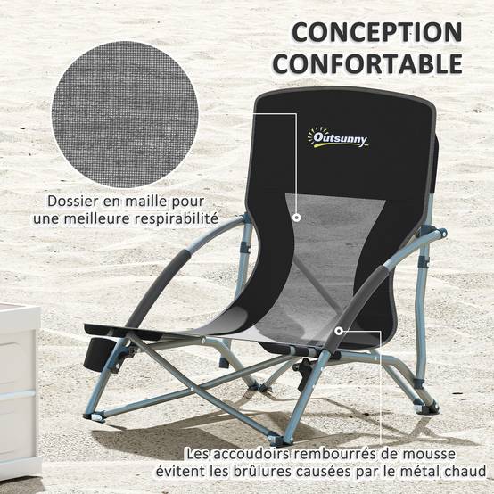 Lot de 2 chaises de plage pliantes tissu Oxford camping avec porte-gobelet noir - ComfortXL Outdoor Living - Image 7