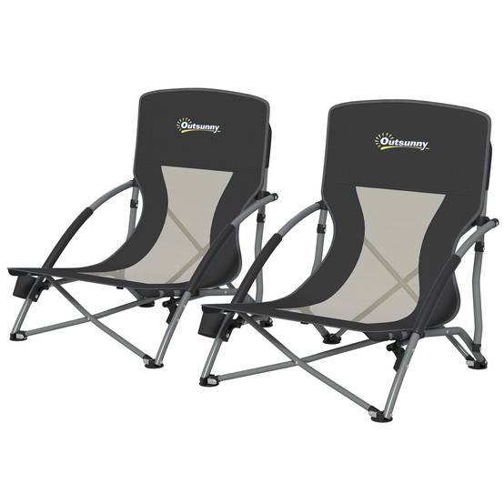 Lot de 2 chaises de plage pliantes tissu Oxford camping avec porte-gobelet noir - ComfortXL Outdoor Living - Image 2