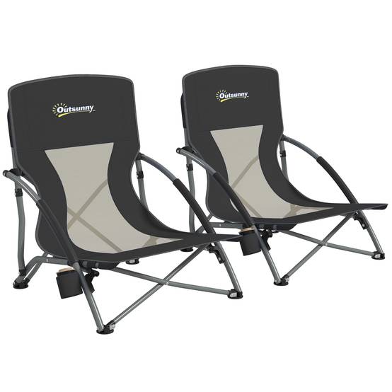 Lot de 2 chaises de plage pliantes tissu Oxford camping avec porte-gobelet noir - ComfortXL Outdoor Living - Image 1