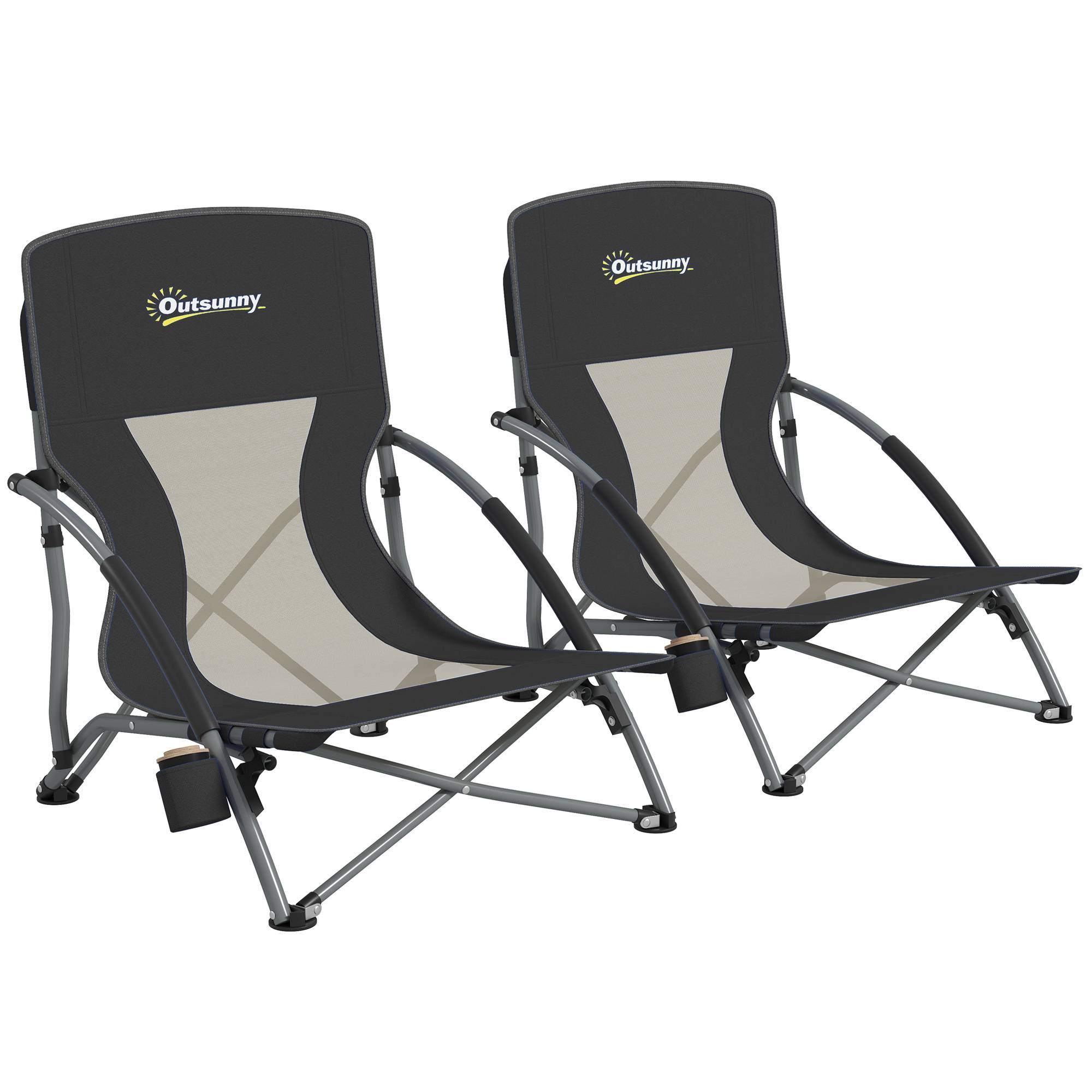 Lot de 2 chaises de plage pliantes tissu Oxford camping avec porte-gobelet noir - ComfortXL Outdoor Living - Image 1