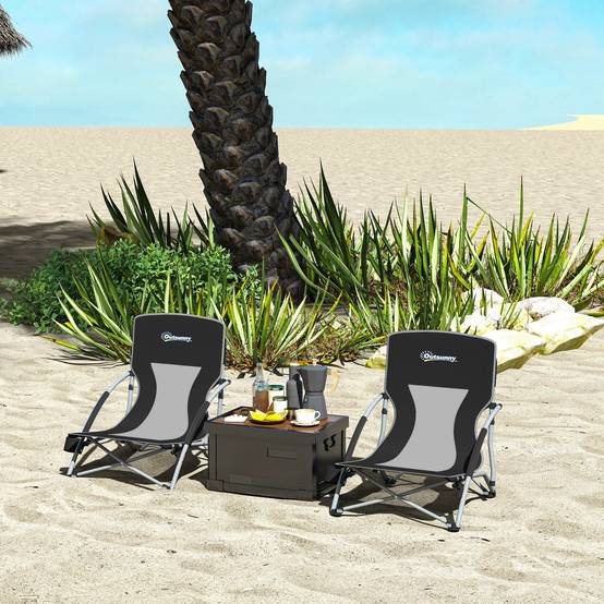 Lot de 2 chaises de plage pliantes tissu Oxford camping avec porte-gobelet noir - ComfortXL Outdoor Living - Image 3