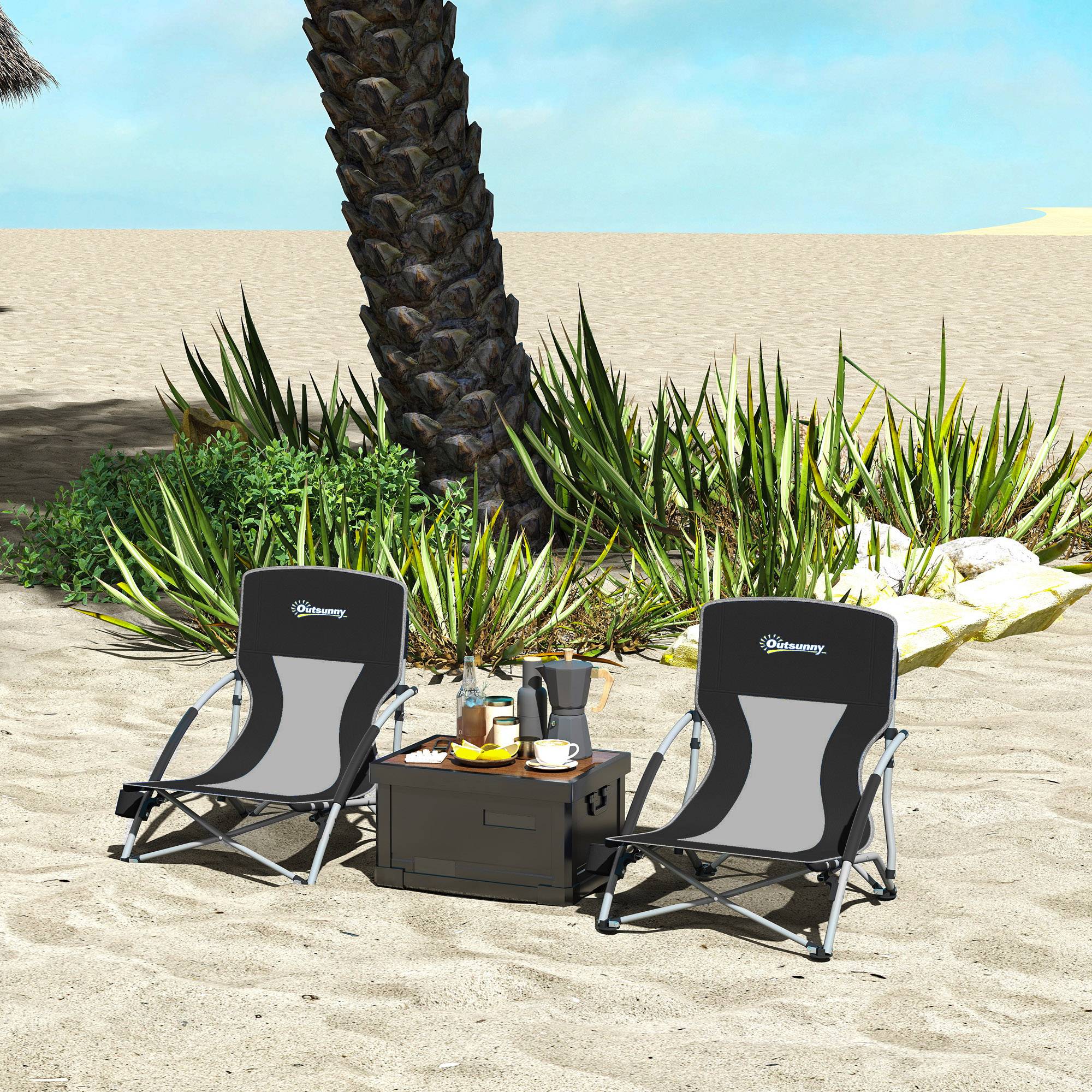 Lot de 2 chaises de plage pliantes tissu Oxford camping avec porte-gobelet noir - ComfortXL Outdoor Living - Image 3