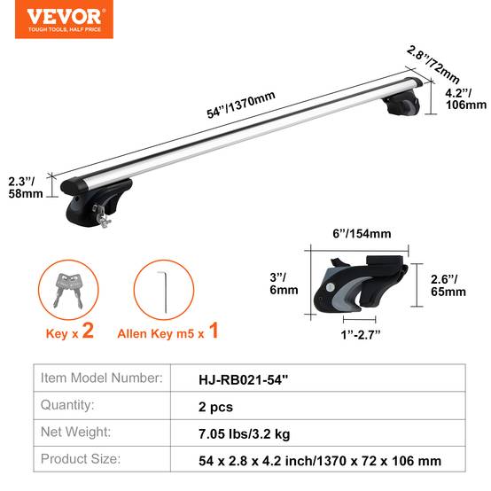 VEVOR Barres de toit transversales 2 PCs, aluminium, charge 90,7 kg, largeur 190-1180 mm, verrouillables. - Image 7