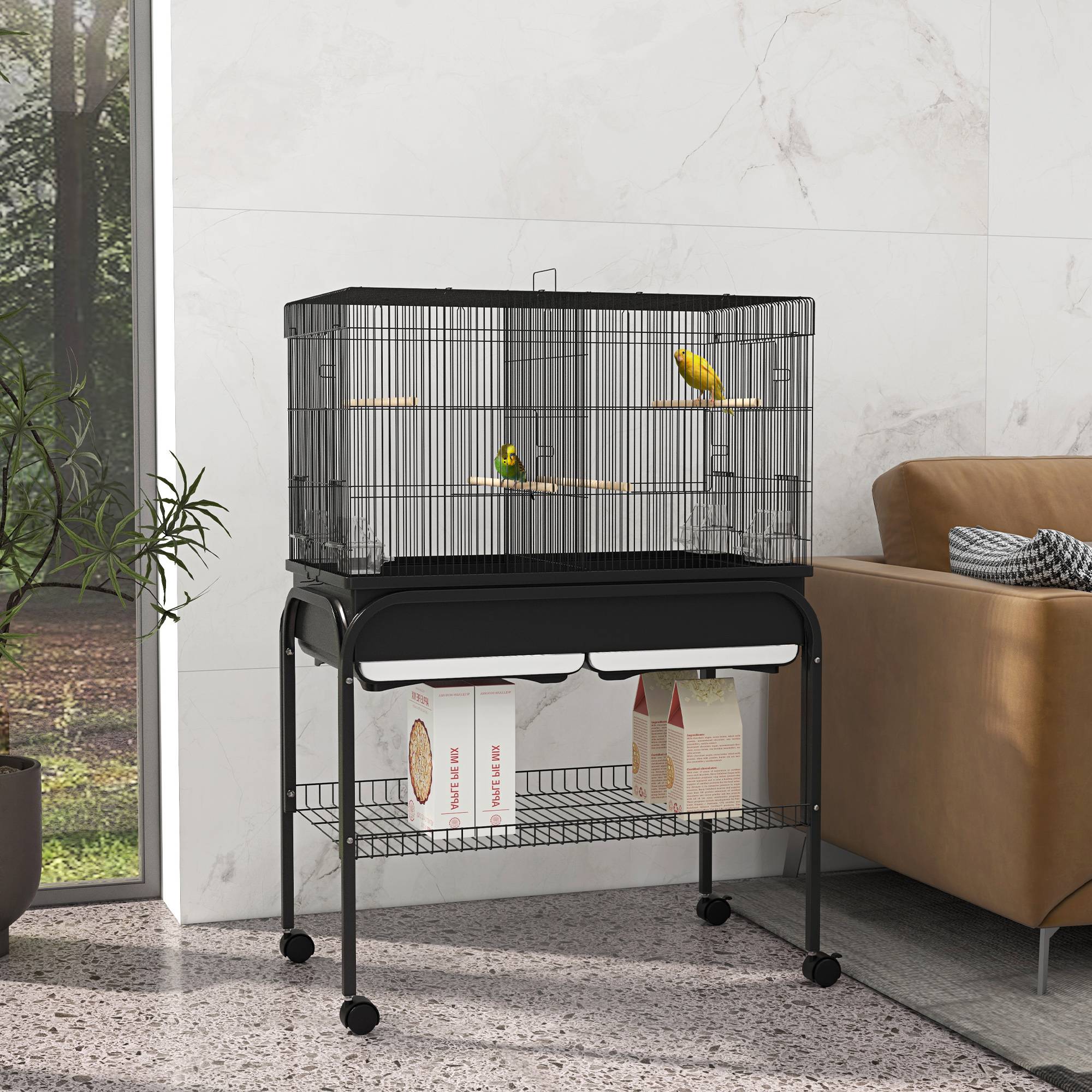 Sans Marque - Grand cage oiseaux cage perroquet avec support roulettes pour cacatoès perruche canaris perroquet 85 x 49 x 119 cm noir - Image 4