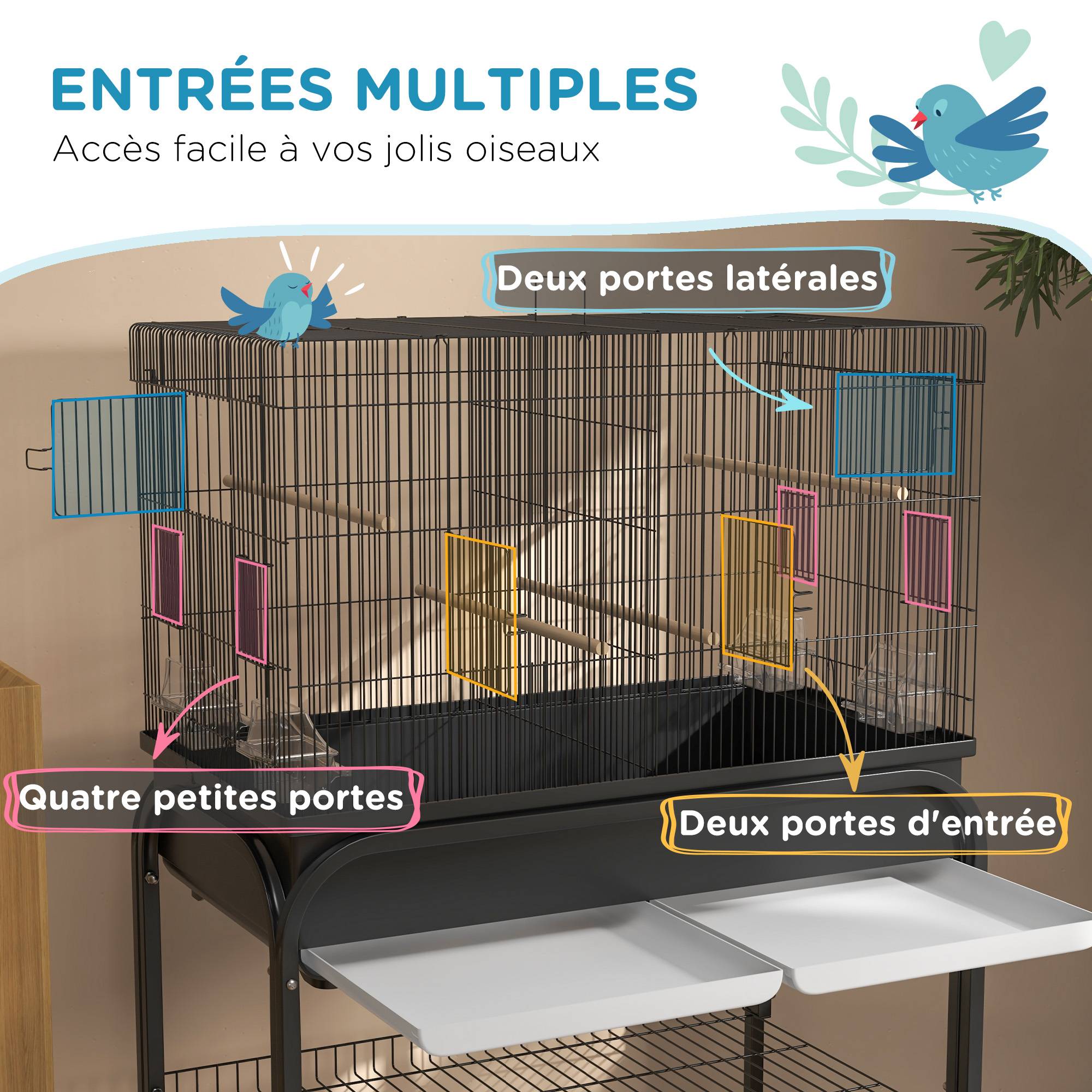 Sans Marque - Grand cage oiseaux cage perroquet avec support roulettes pour cacatoès perruche canaris perroquet 85 x 49 x 119 cm noir - Image 7