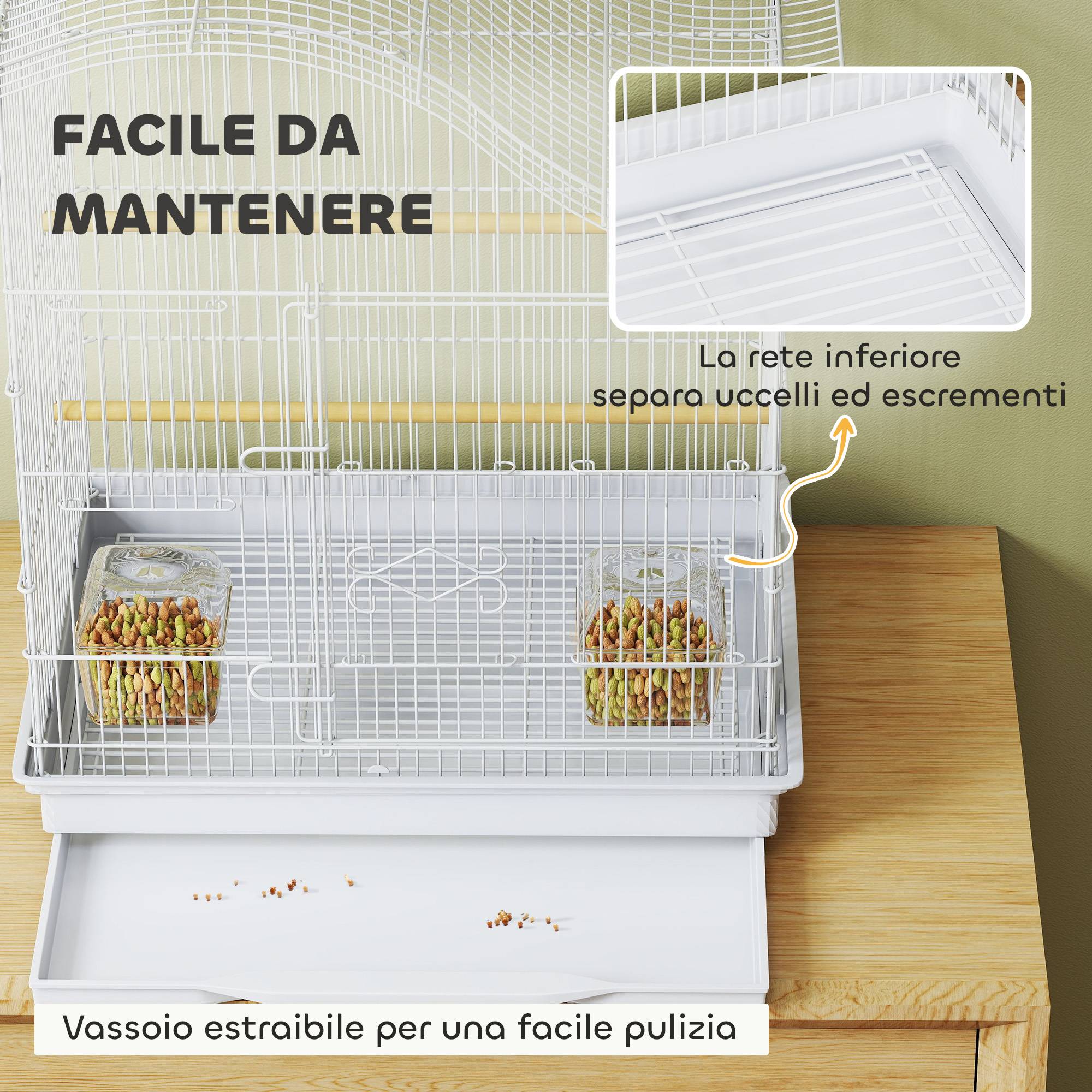 Cage à oiseaux à 4 portes avec 2 bols, 2 perchoirs et plateau, métal et plastique, 47,5x36x54,5 cm, blanche - Image 8