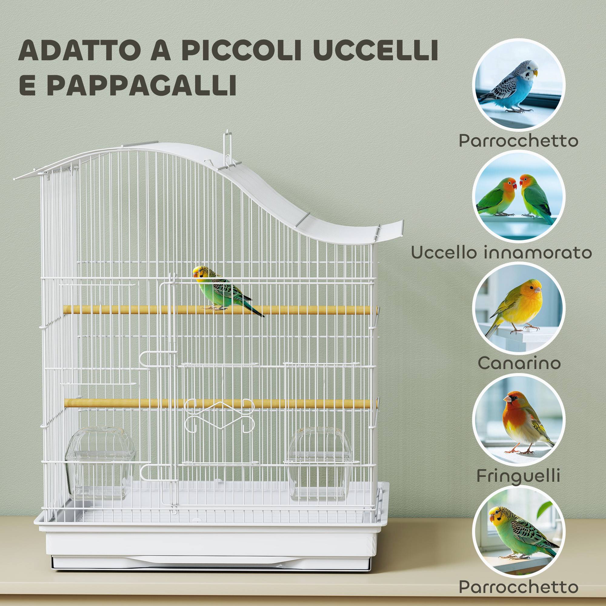 Cage à oiseaux à 4 portes avec 2 bols, 2 perchoirs et plateau, métal et plastique, 47,5x36x54,5 cm, blanche - Image 9