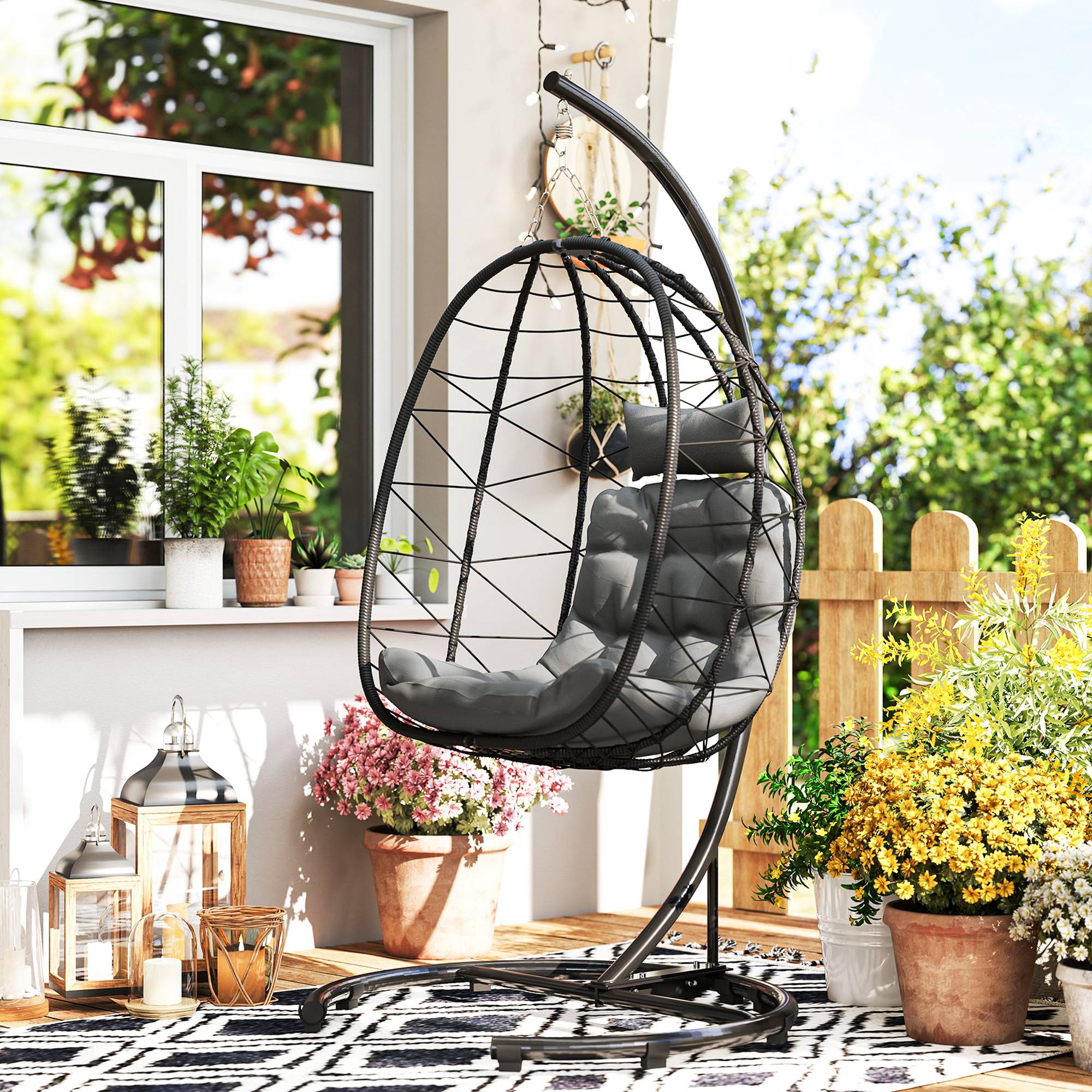 Fauteuil suspendu acier résine tressée gris foncé 102 x 102 x 195 cm - PANGIVO - Image 3