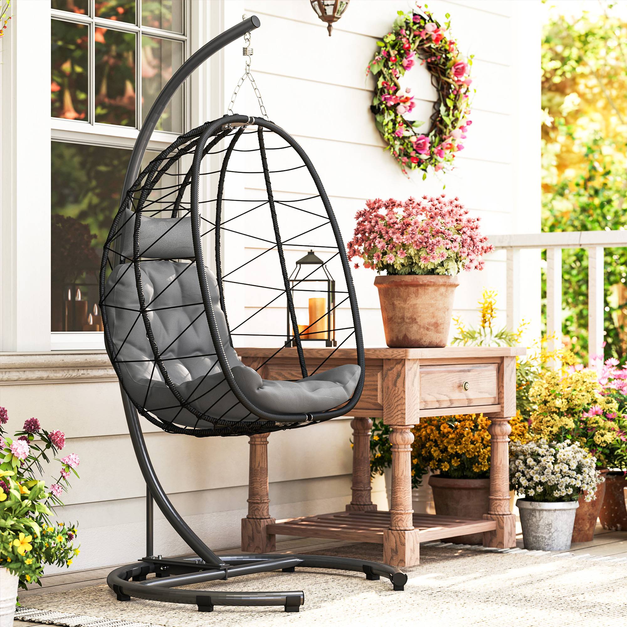 Fauteuil suspendu acier résine tressée gris foncé 102 x 102 x 195 cm - PANGIVO - Image 4