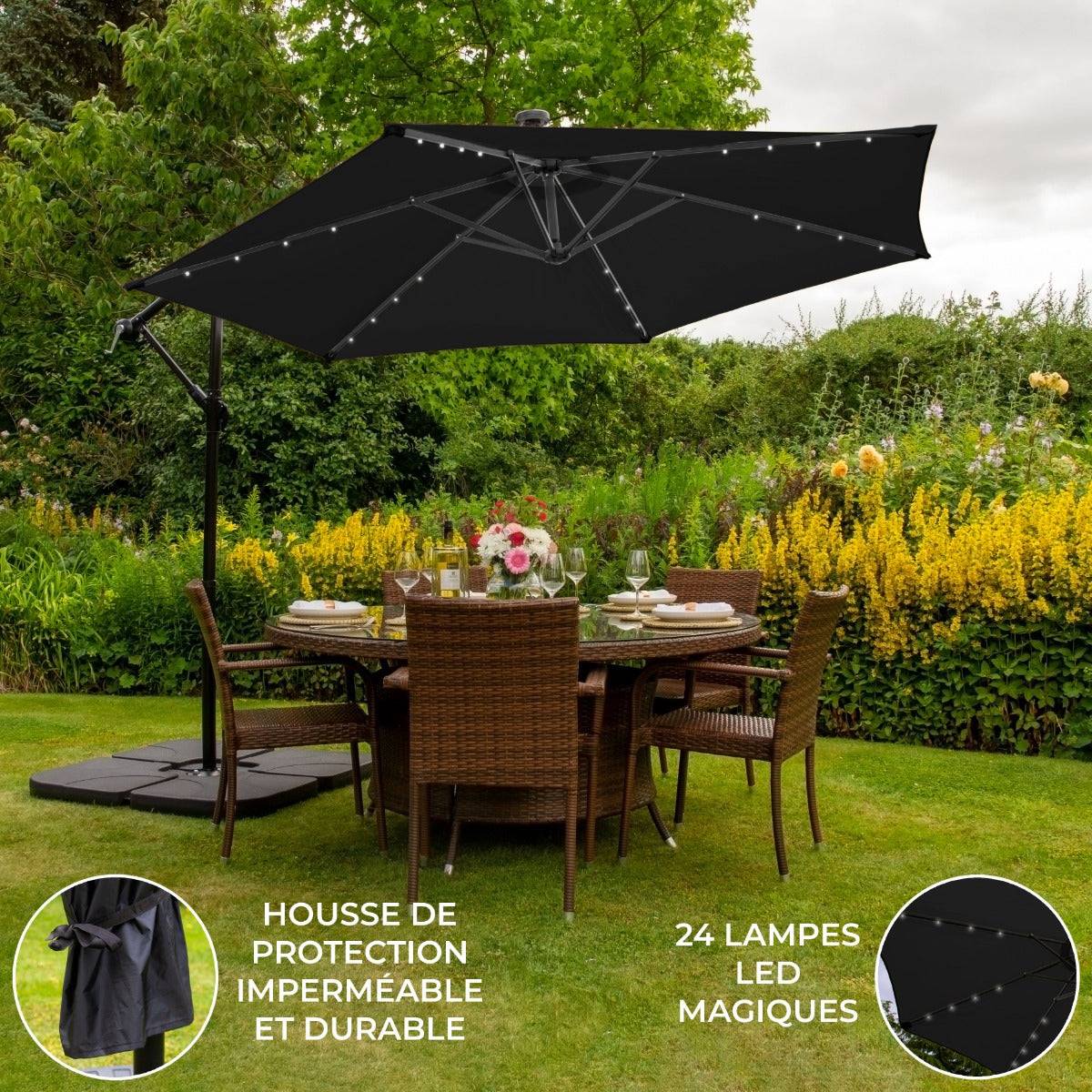 Monstershop - Parasol Noir 3m avec LED's Intégrés avec Base Carrée - Image 2