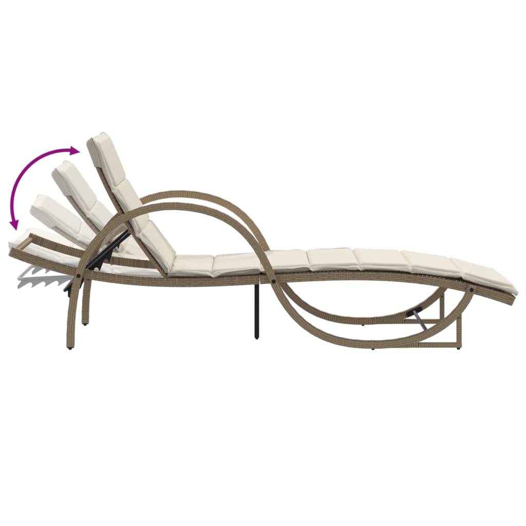Chaise longue | Transat | Bain de soleil avec coussin beige 60x199x42 cm résine tressée - Image 7