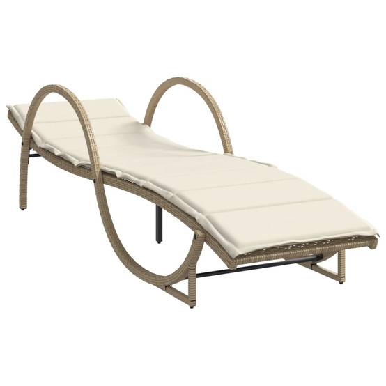 Chaise longue | Transat | Bain de soleil avec coussin beige 60x199x42 cm résine tressée - Image 1