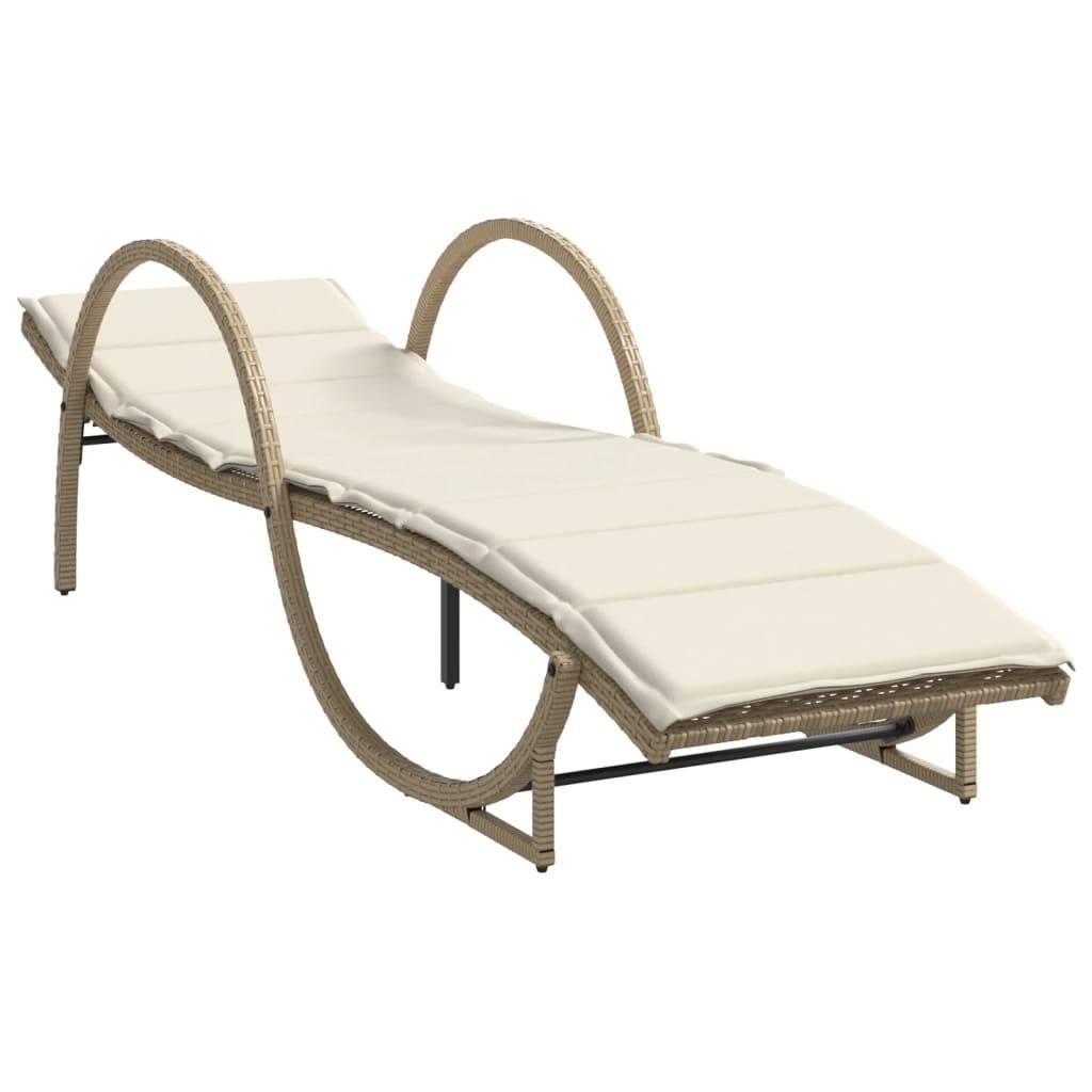Chaise longue | Transat | Bain de soleil avec coussin beige 60x199x42 cm résine tressée - Image 1