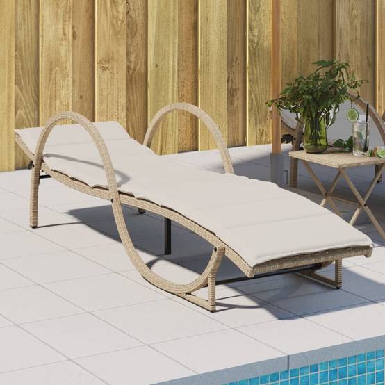 Chaise longue | Transat | Bain de soleil avec coussin beige 60x199x42 cm résine tressée - Image 2