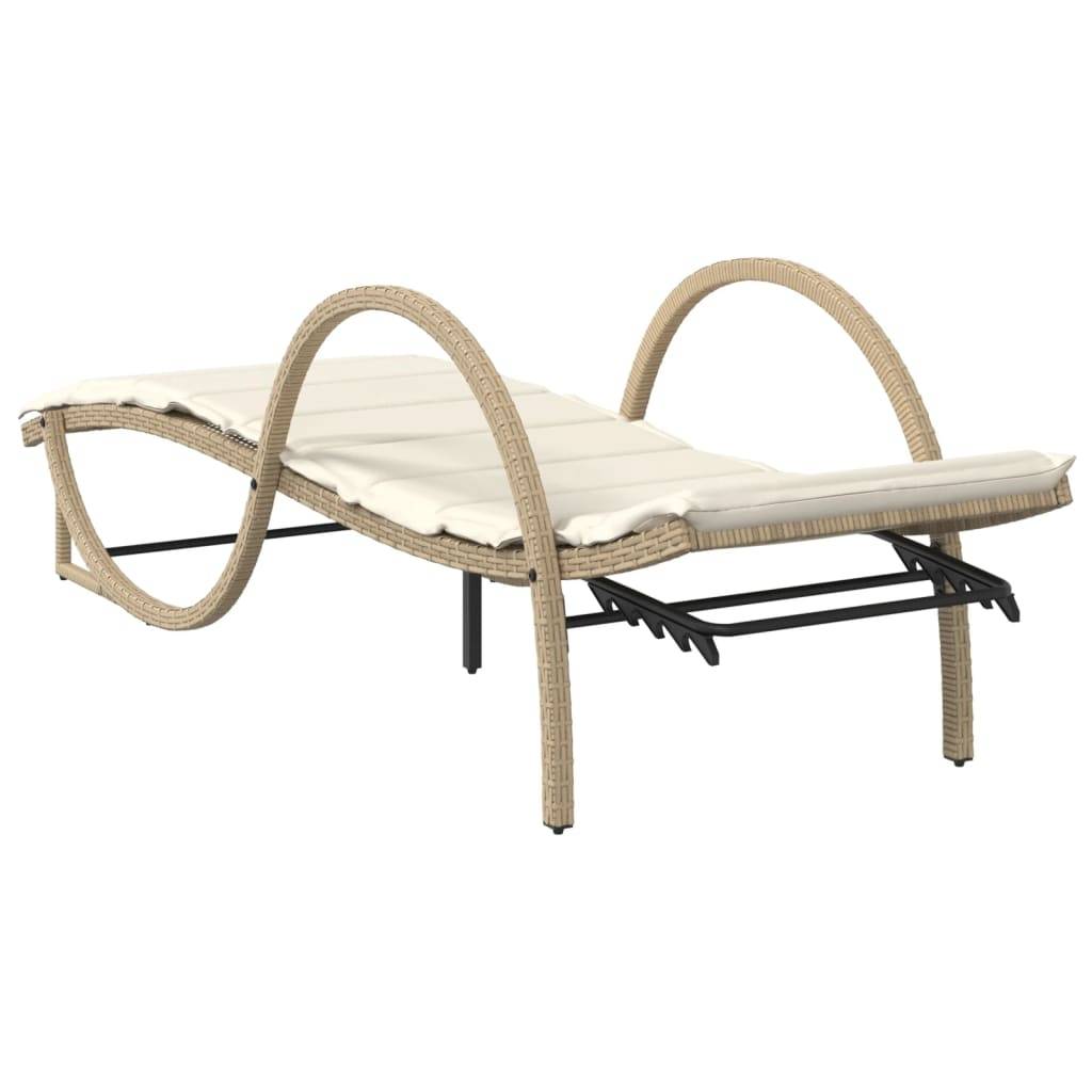 Chaise longue | Transat | Bain de soleil avec coussin beige 60x199x42 cm résine tressée - Image 6