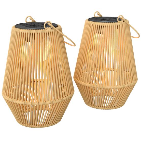 Lot 2 lanternes solaires Résine tressée suspension jardin allumage auto 16x16x21cm marron - ComfortXL Outdoor Living - Image 1