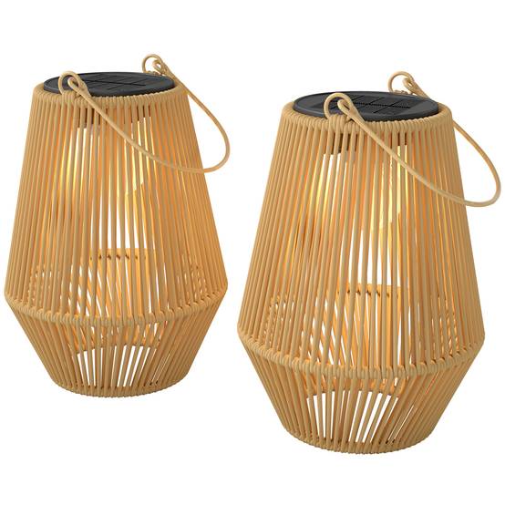 Lot 2 lanternes solaires Résine tressée suspension jardin allumage auto 16x16x21cm marron - ComfortXL Outdoor Living - Image 2