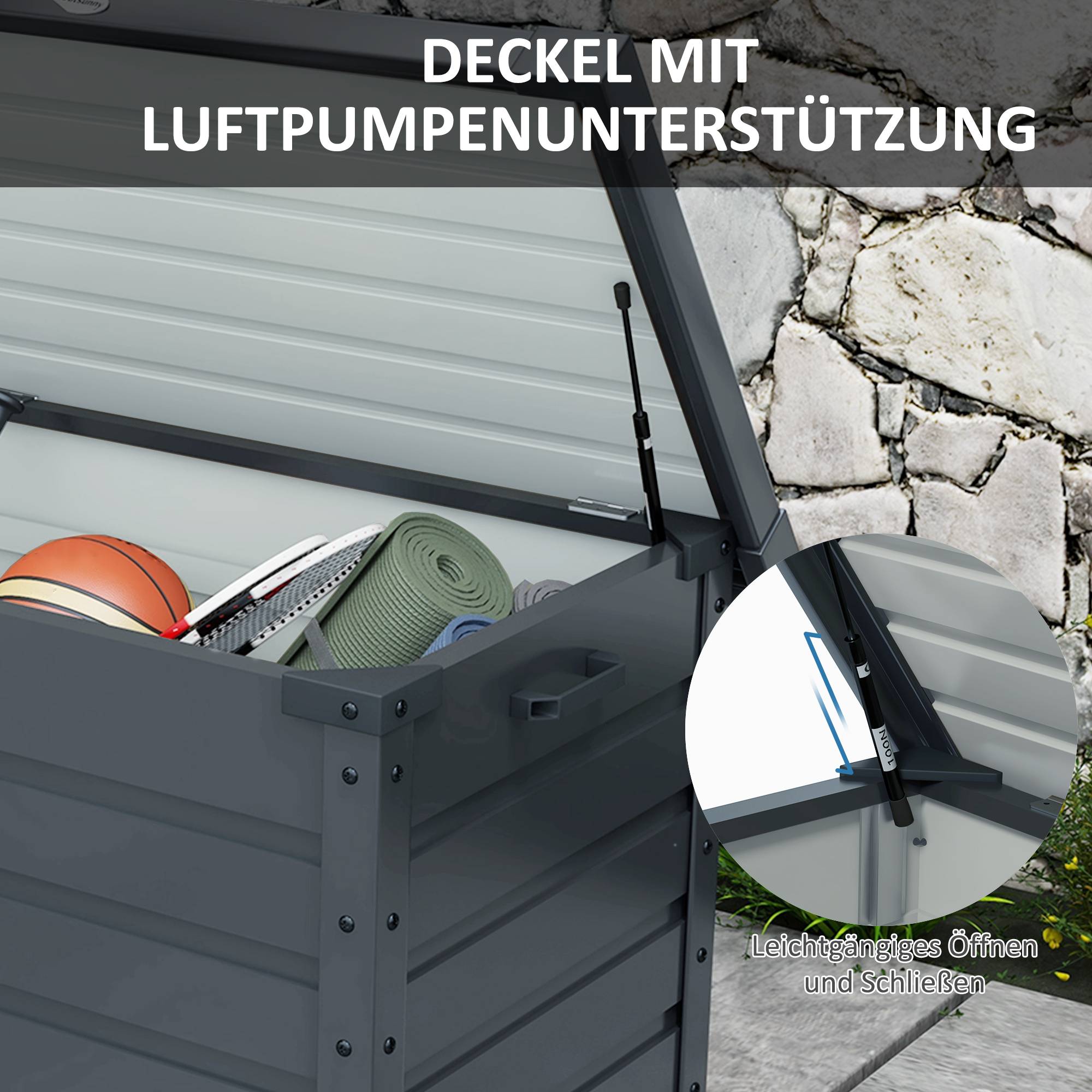 ComfortXL - Coffre de rangement jardin acier galvanisé 295 L 100 x 62 x 65 cm gris foncé mobile verrouillable avec roulettes - Image 6