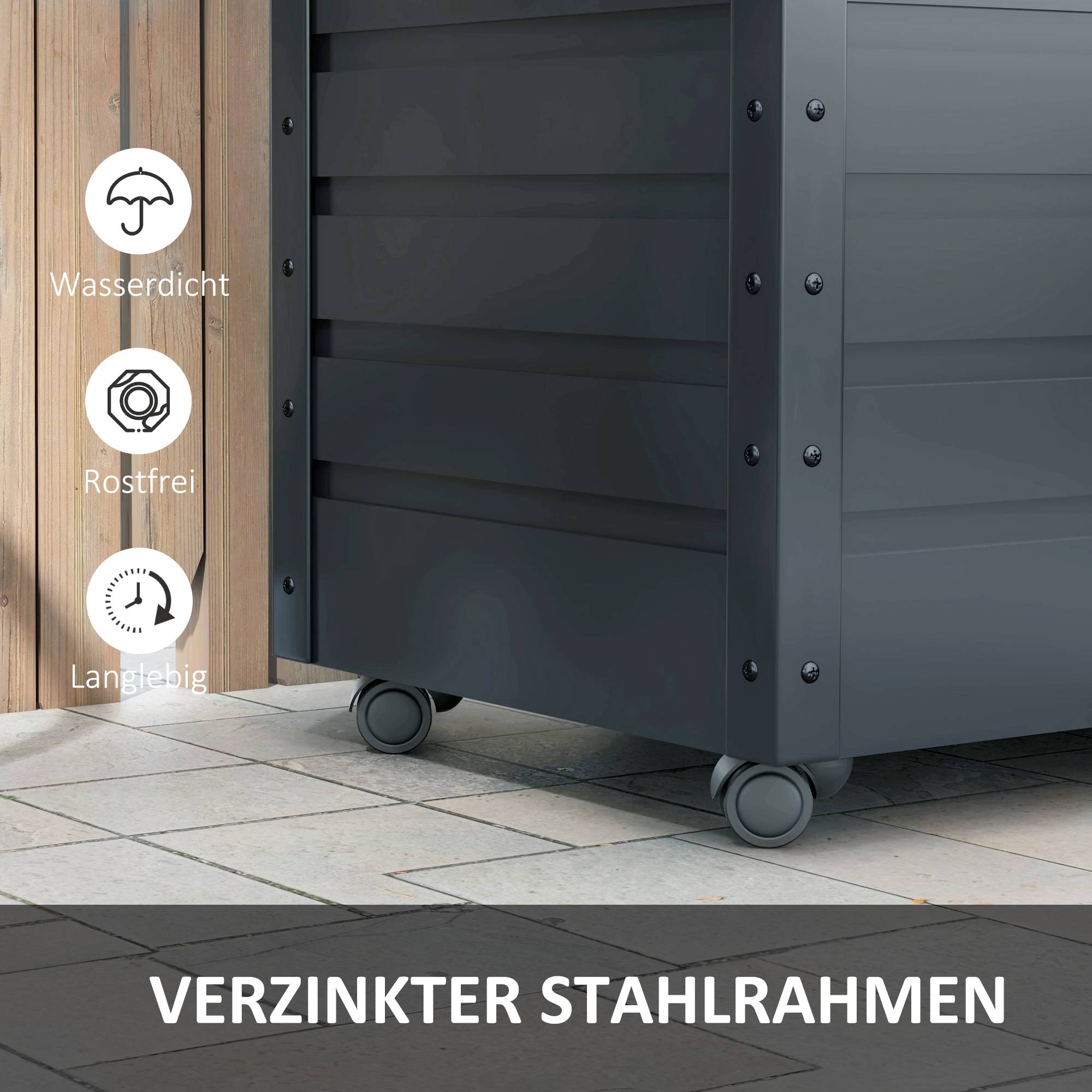ComfortXL - Coffre de rangement jardin acier galvanisé 295 L 100 x 62 x 65 cm gris foncé mobile verrouillable avec roulettes - Image 5