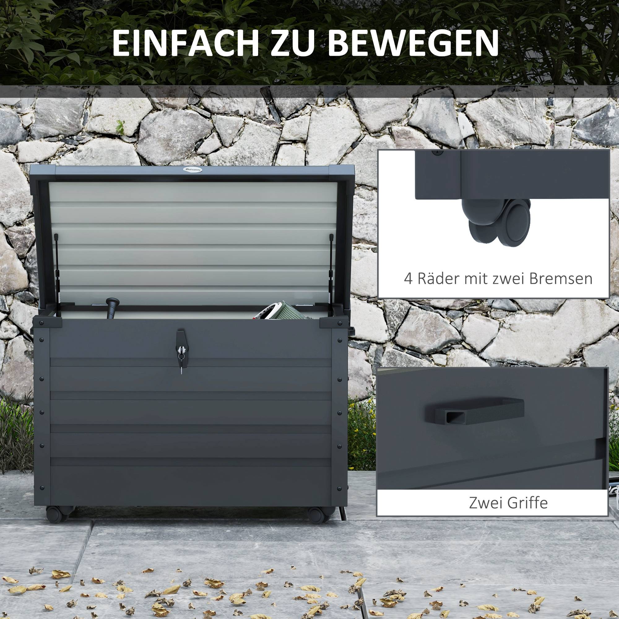 ComfortXL - Coffre de rangement jardin acier galvanisé 295 L 100 x 62 x 65 cm gris foncé mobile verrouillable avec roulettes - Image 4