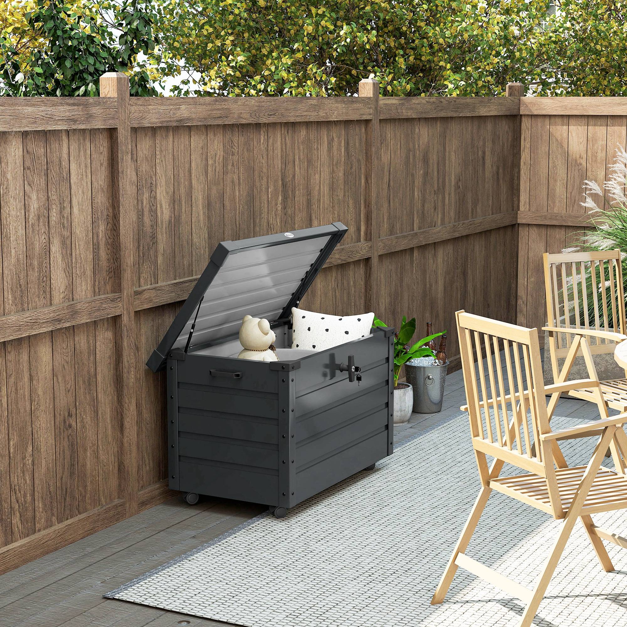 ComfortXL - Coffre de rangement jardin acier galvanisé 295 L 100 x 62 x 65 cm gris foncé mobile verrouillable avec roulettes - Image 9