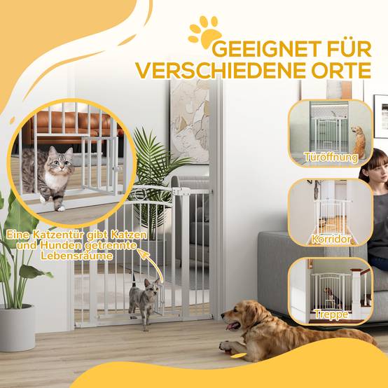 Porte pour animal, barrière escalier 96 cm, largeur réglable 76-104 cm, avec chatière, blanc - Image 9