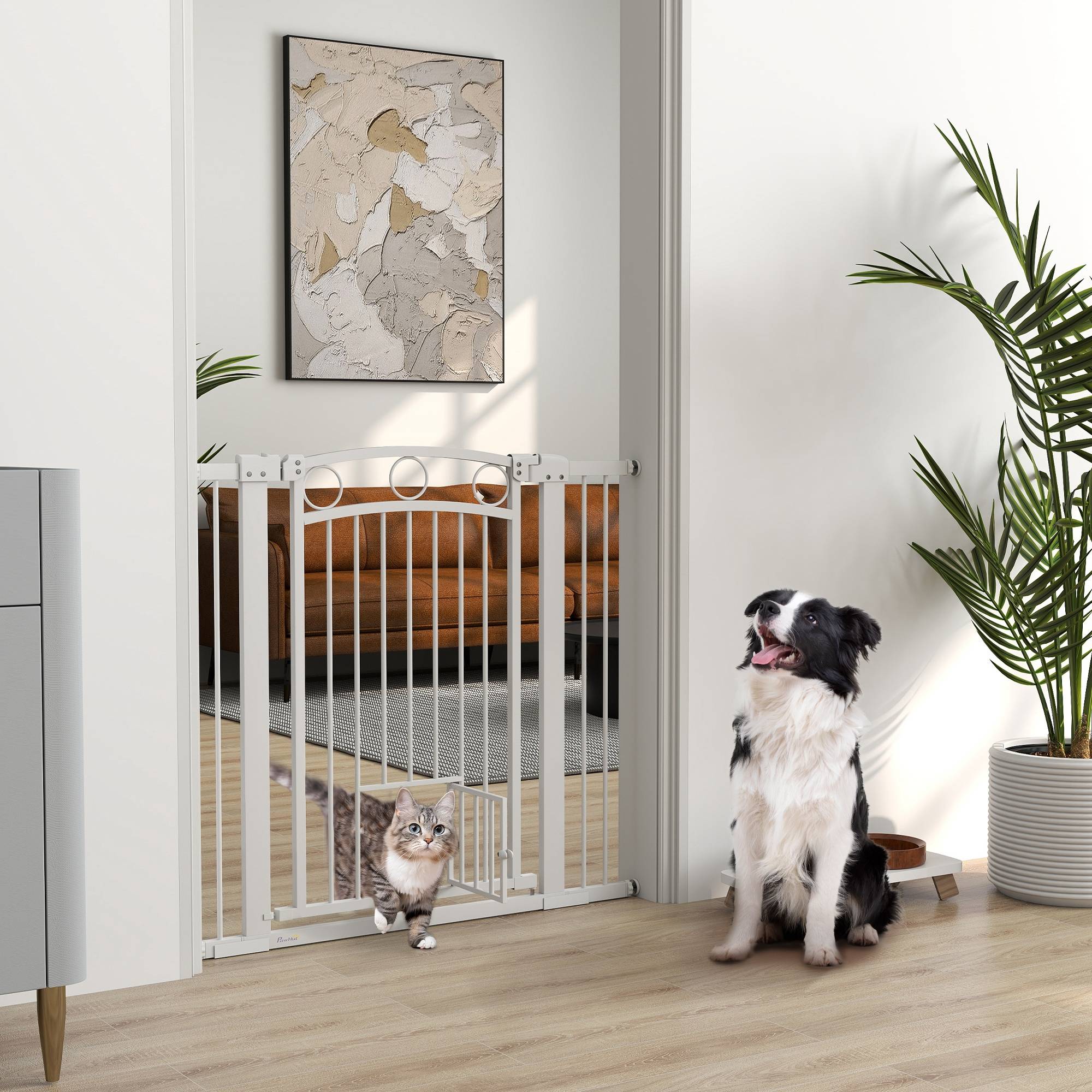 Porte pour animal, barrière escalier 96 cm, largeur réglable 76-104 cm, avec chatière, blanc - Image 3