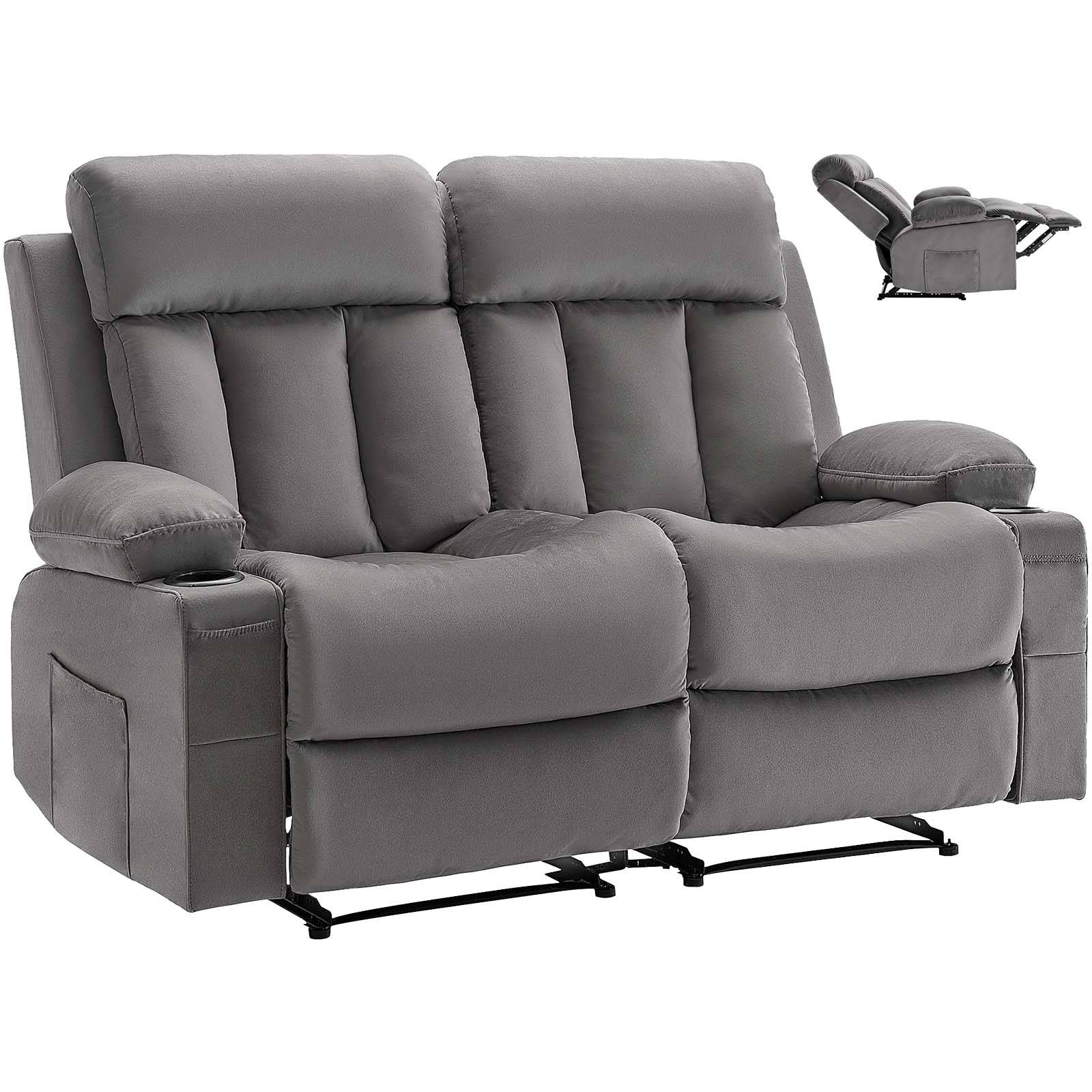 Vevor - VEVOR Canapé inclinable électrique 2 places, velours, massage et chauffage lombaire, ports USB et porte-gobelets, gris. - Image 1
