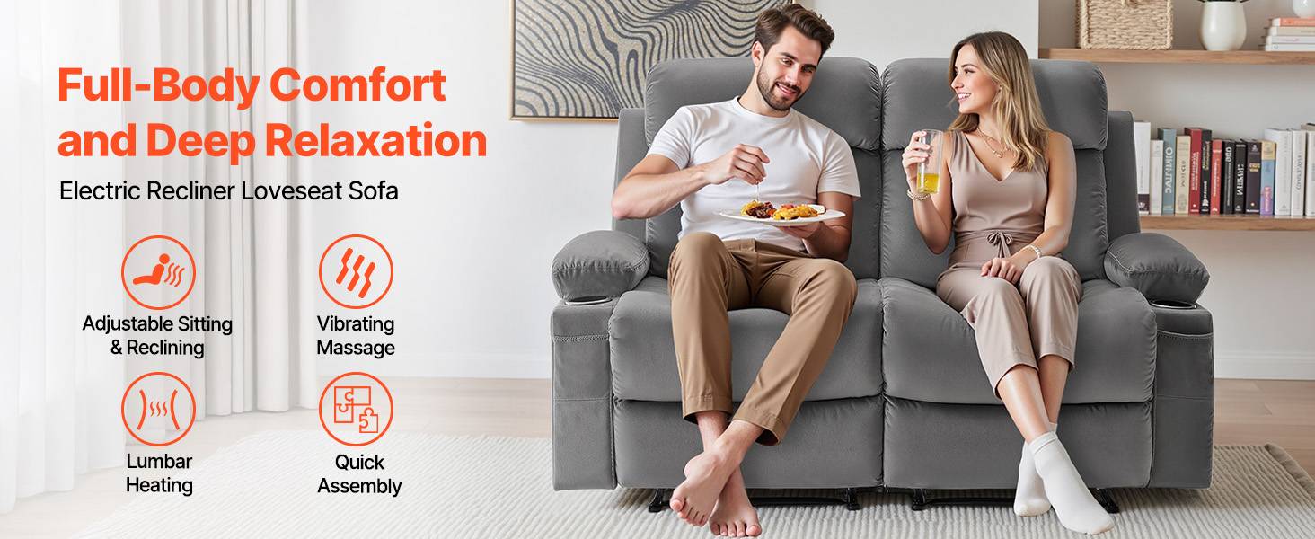 Vevor - VEVOR Canapé inclinable électrique 2 places, velours, massage et chauffage lombaire, ports USB et porte-gobelets, gris. - Image 9