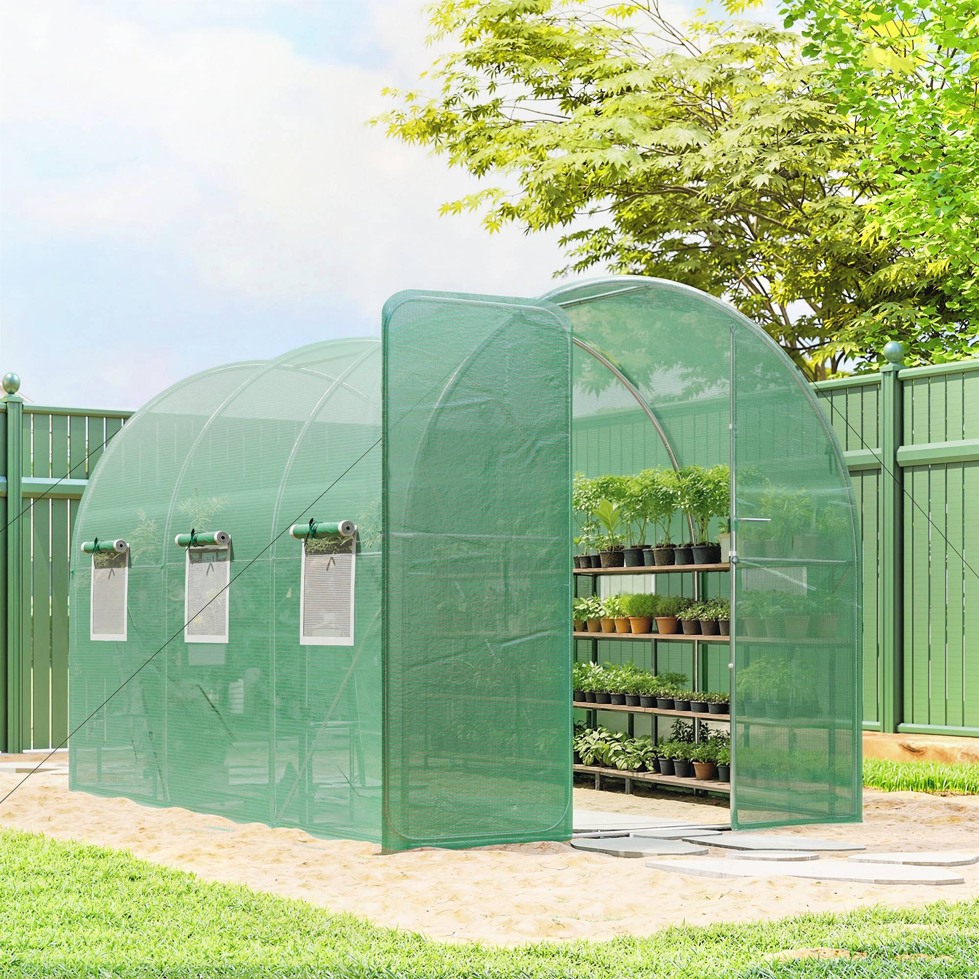 Serre tunnel de jardin 6m², serre de jardin tunnel 200x300x200cm porte et 6 fenêtres, bâche PE 140 g/m² vert - Image 4
