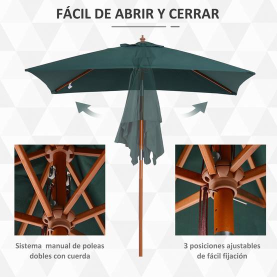 Parasol de terrasse rectangulaire 200 x 150 cm avec mât en bois à angle réglable et manivelle, vert, idéal pour patio et terrasse. - Image 8