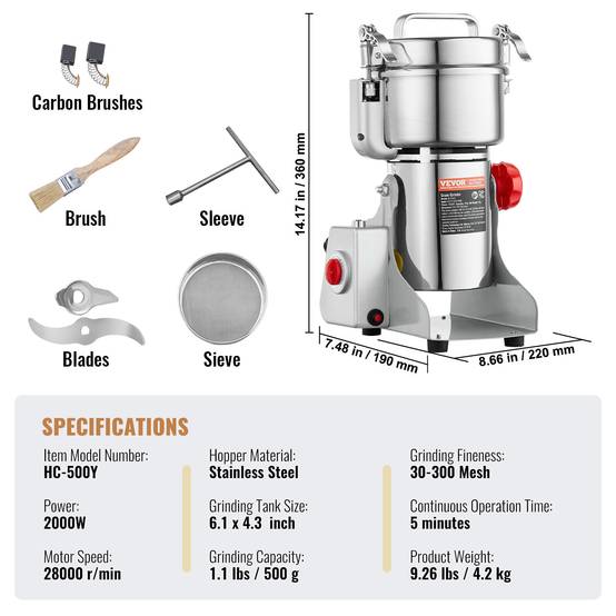 VEVOR Moulin à épices électrique 500 g, 2000 W, acier inoxydable, pour céréales, épices, herbes, café. - Image 7