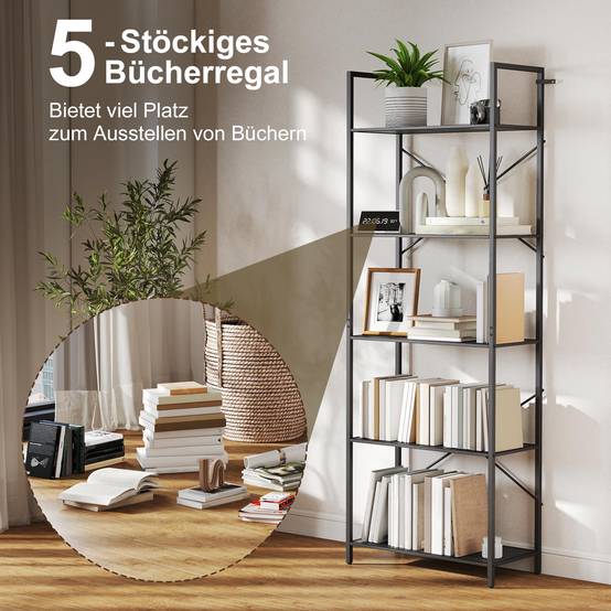 Étagère à livres autoportante 5 niveaux style industriel 60x30x170,5 cm, structure métallique, rangement ouvert, noire - Image 6