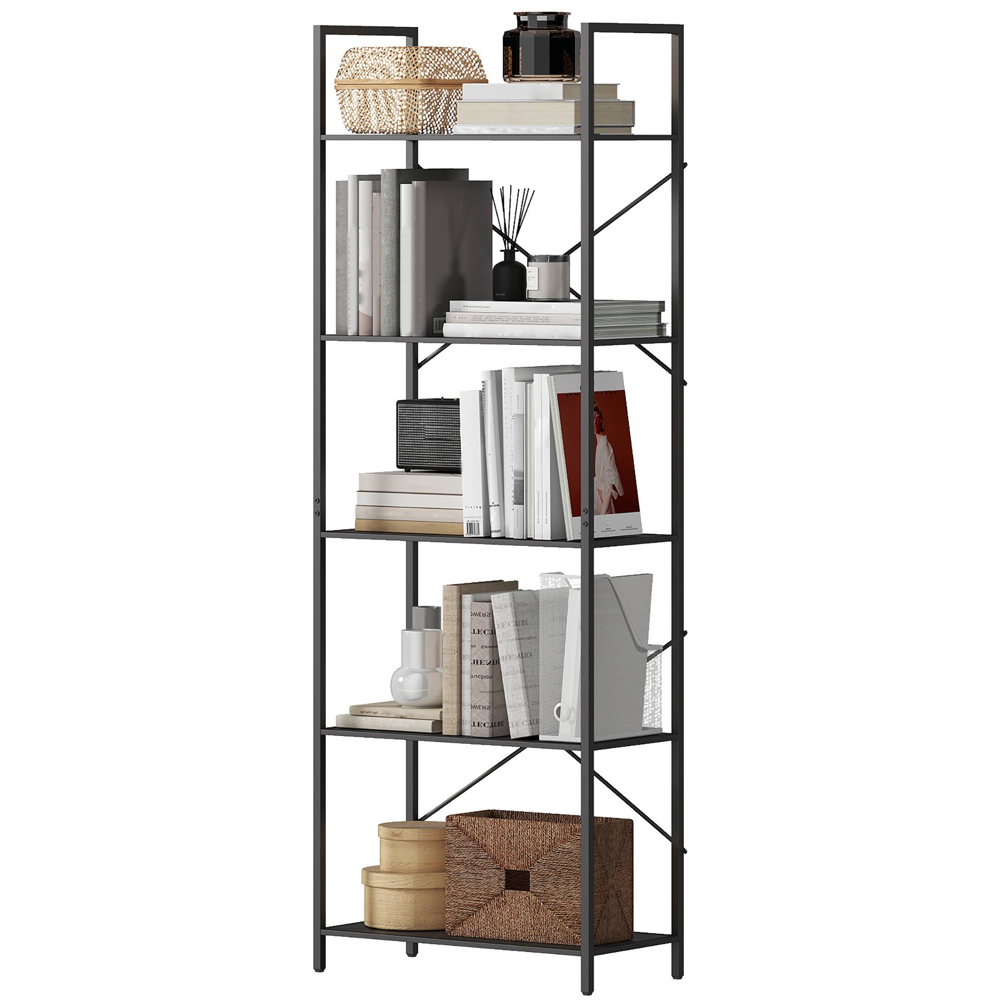 Étagère à livres autoportante 5 niveaux style industriel 60x30x170,5 cm, structure métallique, rangement ouvert, noire - Image 2