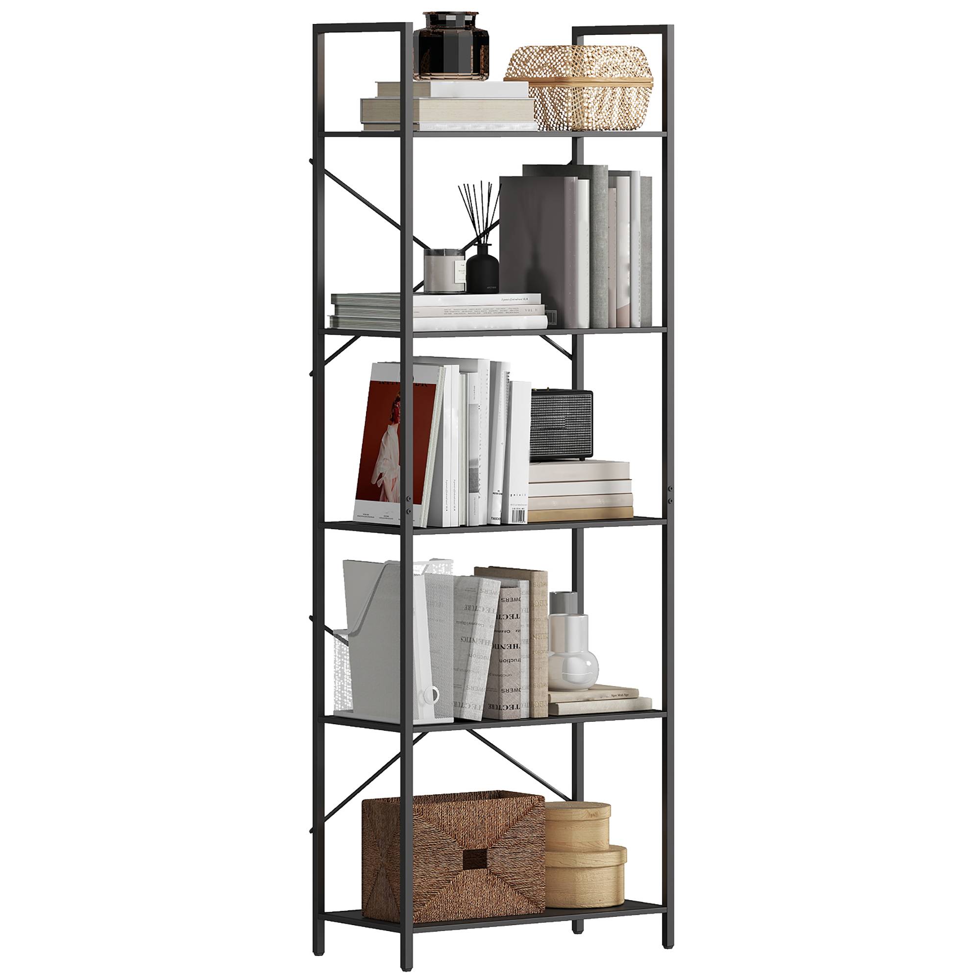 Étagère à livres autoportante 5 niveaux style industriel 60x30x170,5 cm, structure métallique, rangement ouvert, noire - Image 1