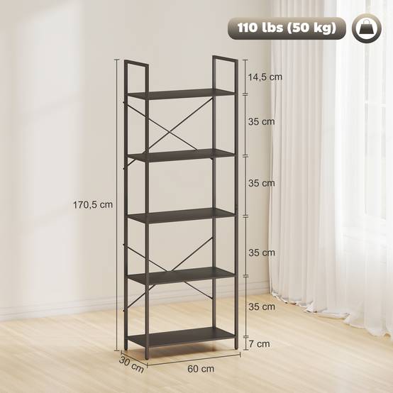 Étagère à livres autoportante 5 niveaux style industriel 60x30x170,5 cm, structure métallique, rangement ouvert, noire - Image 5