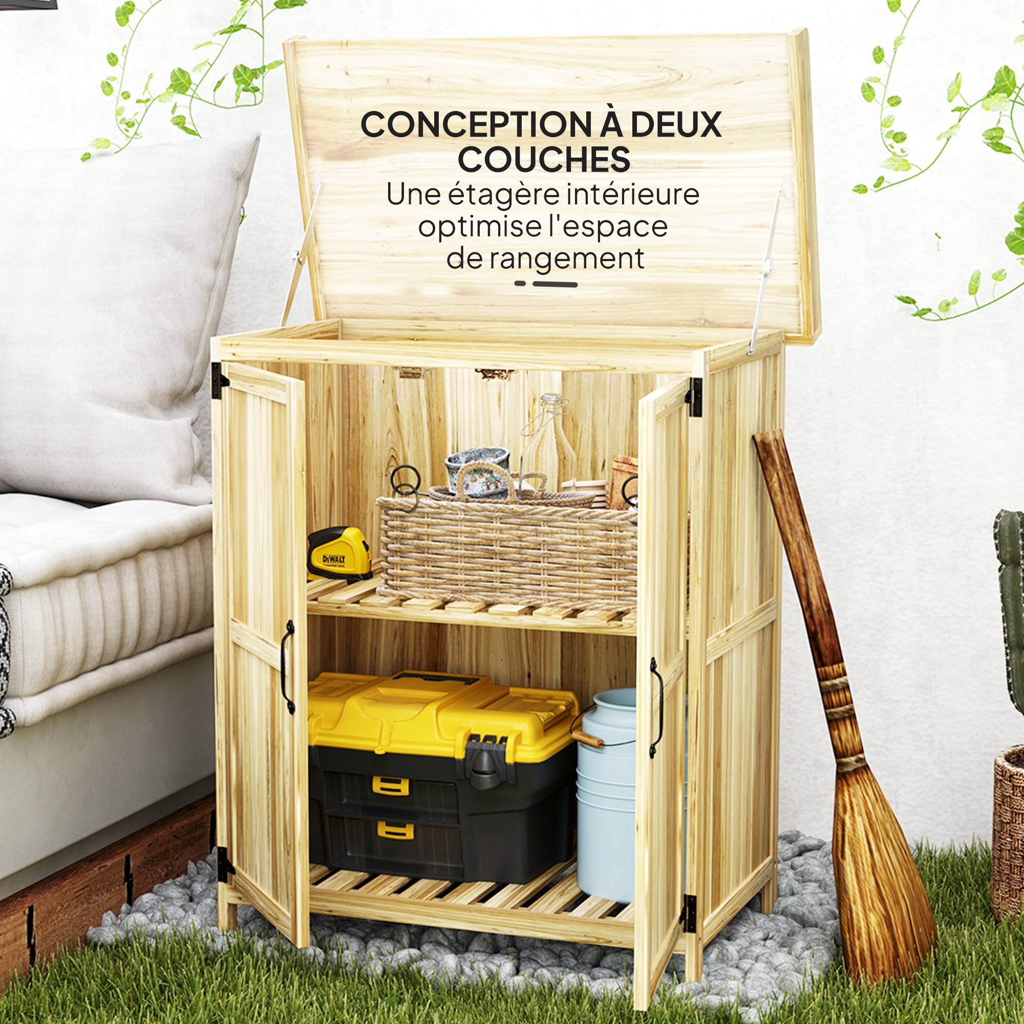 Armoire de jardin en bois abri de jardin avec 2 portes, toit à charnières et étagère, 74 x 43 x 88 cm, bois naturel - Image 8