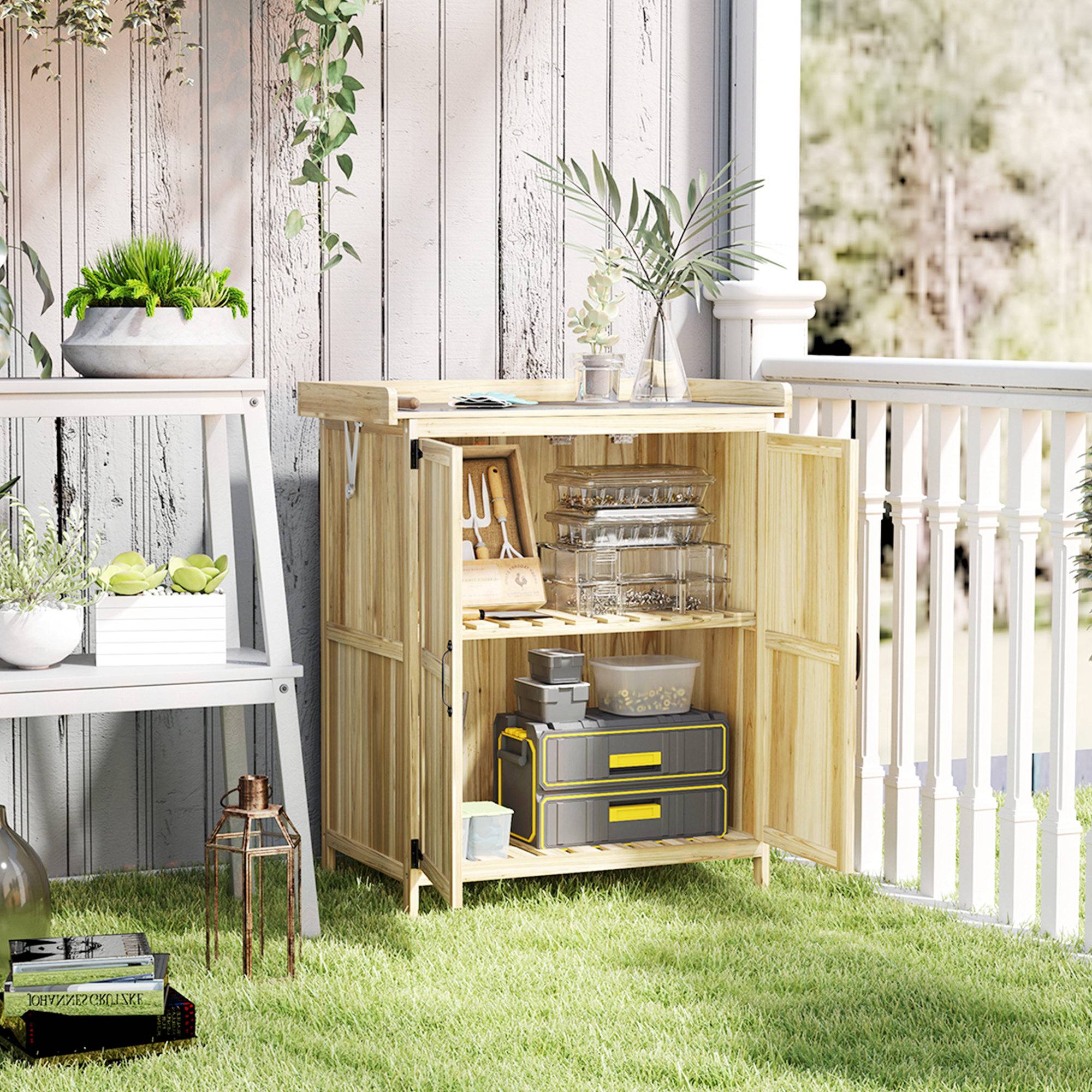 Armoire de jardin en bois abri de jardin avec 2 portes, toit à charnières et étagère, 74 x 43 x 88 cm, bois naturel - Image 3