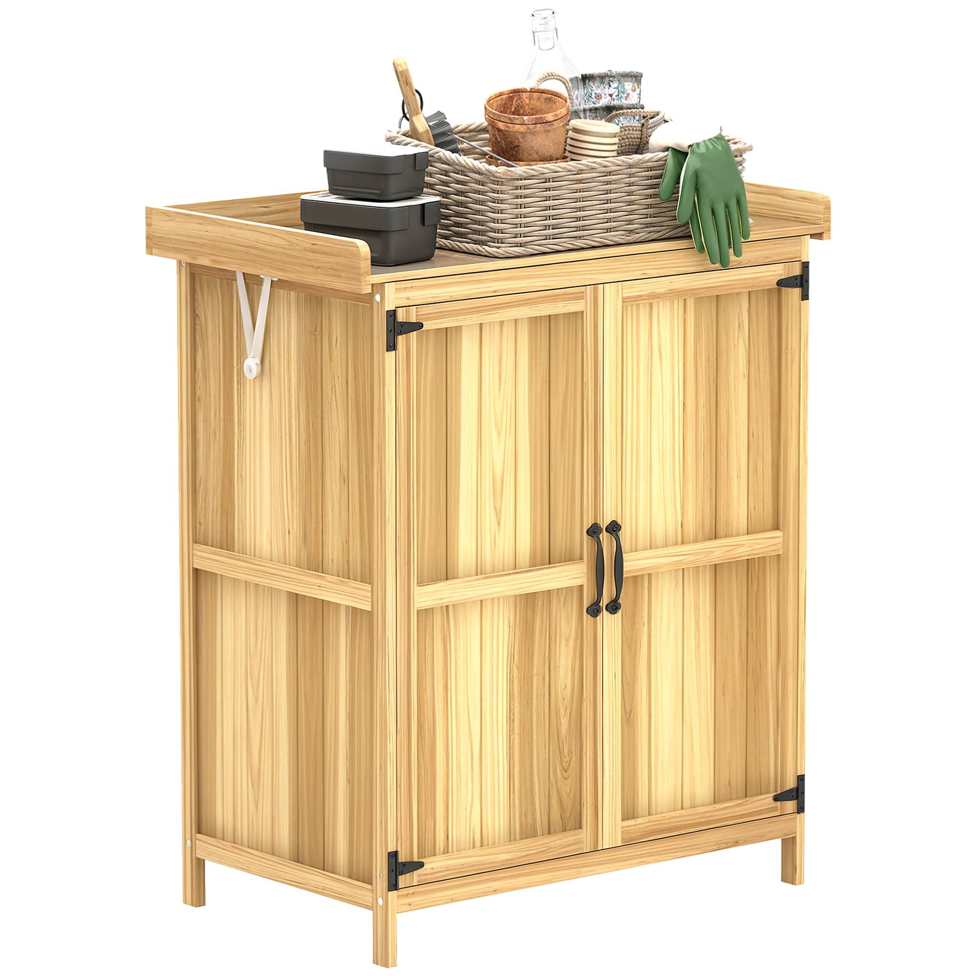 Armoire de jardin en bois abri de jardin avec 2 portes, toit à charnières et étagère, 74 x 43 x 88 cm, bois naturel - Image 1