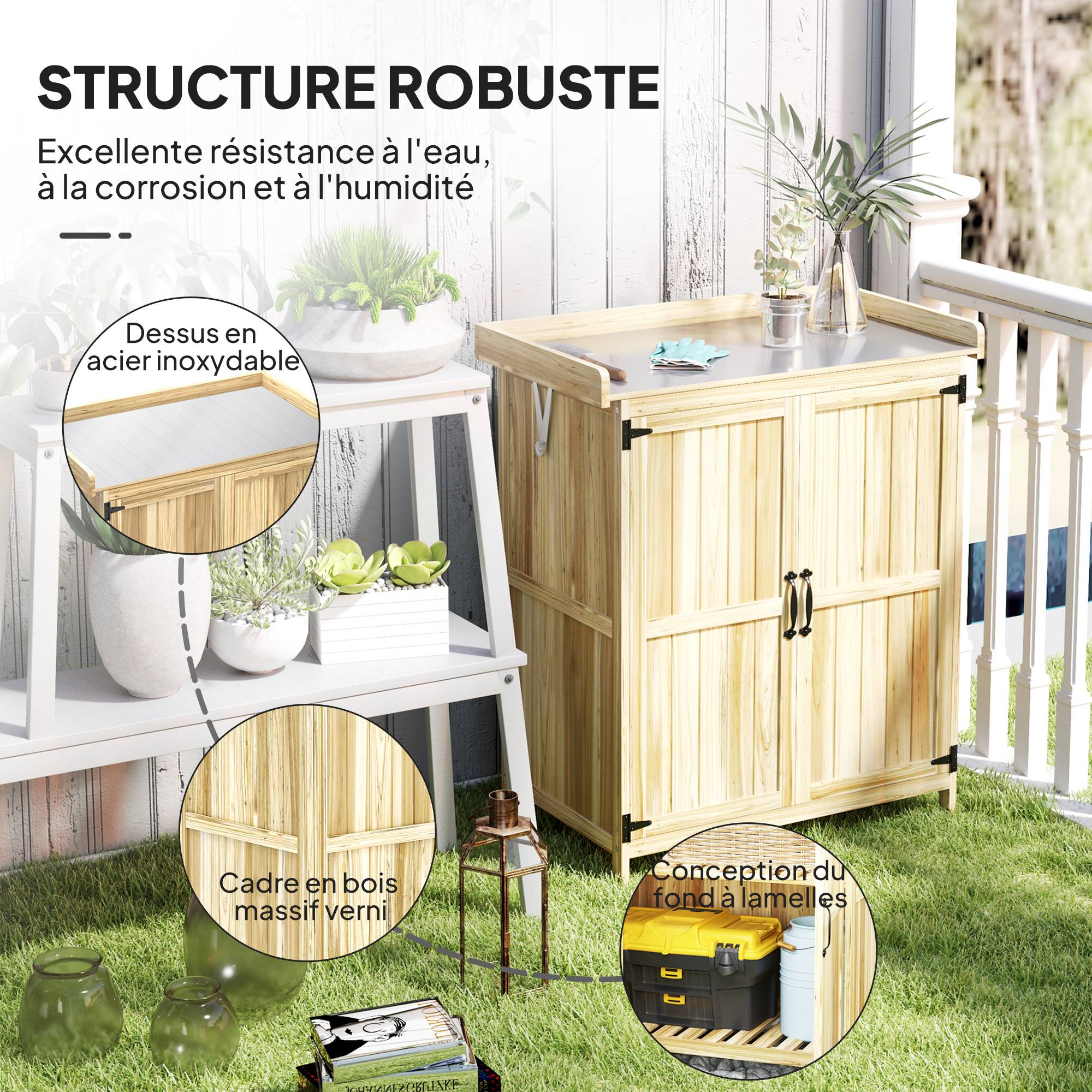 Armoire de jardin en bois abri de jardin avec 2 portes, toit à charnières et étagère, 74 x 43 x 88 cm, bois naturel - Image 9