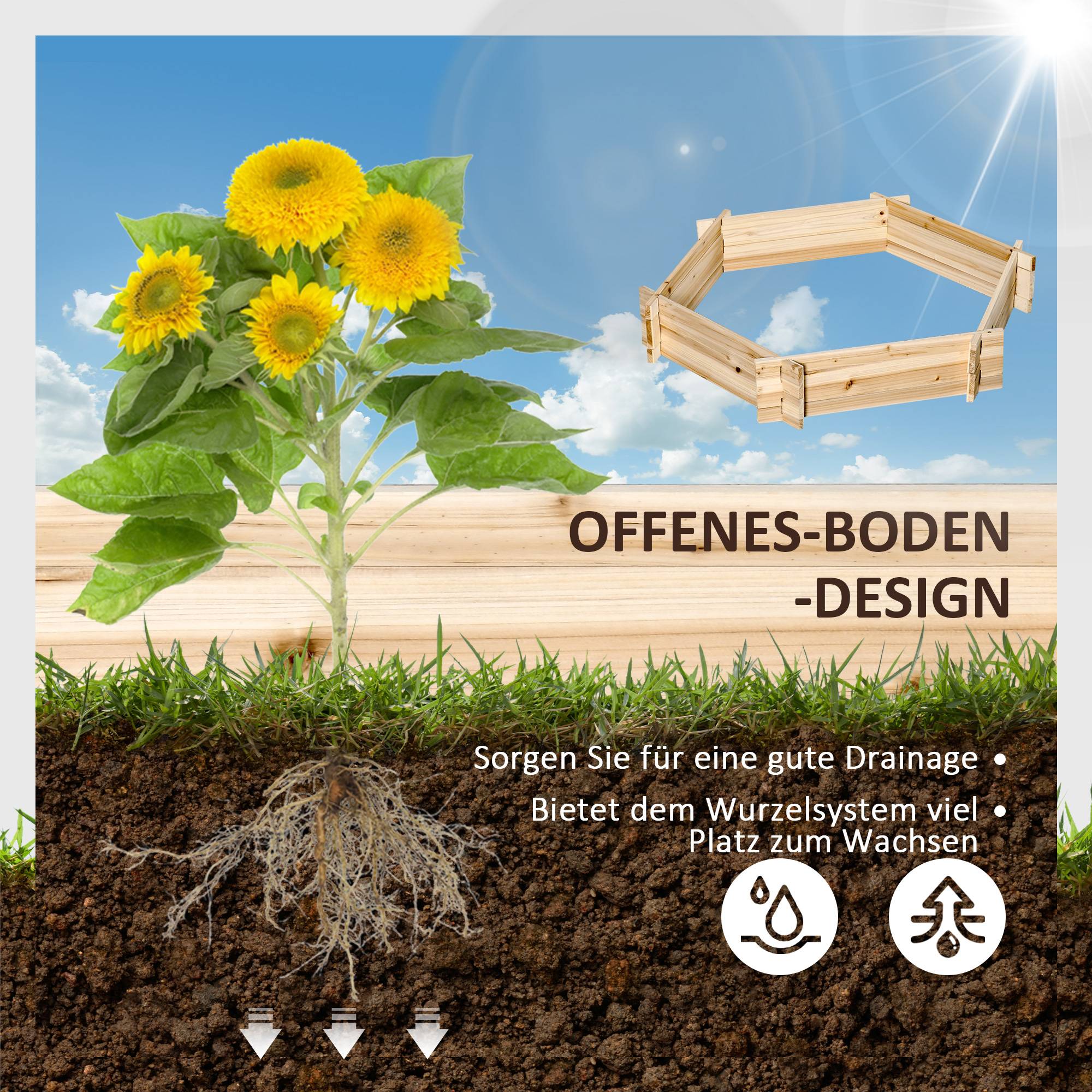 Carré potager hexagonal en bois massif pour jardin montage facile sans vis 100x92x16cm naturel - ComfortXL Outdoor Living - Image 6