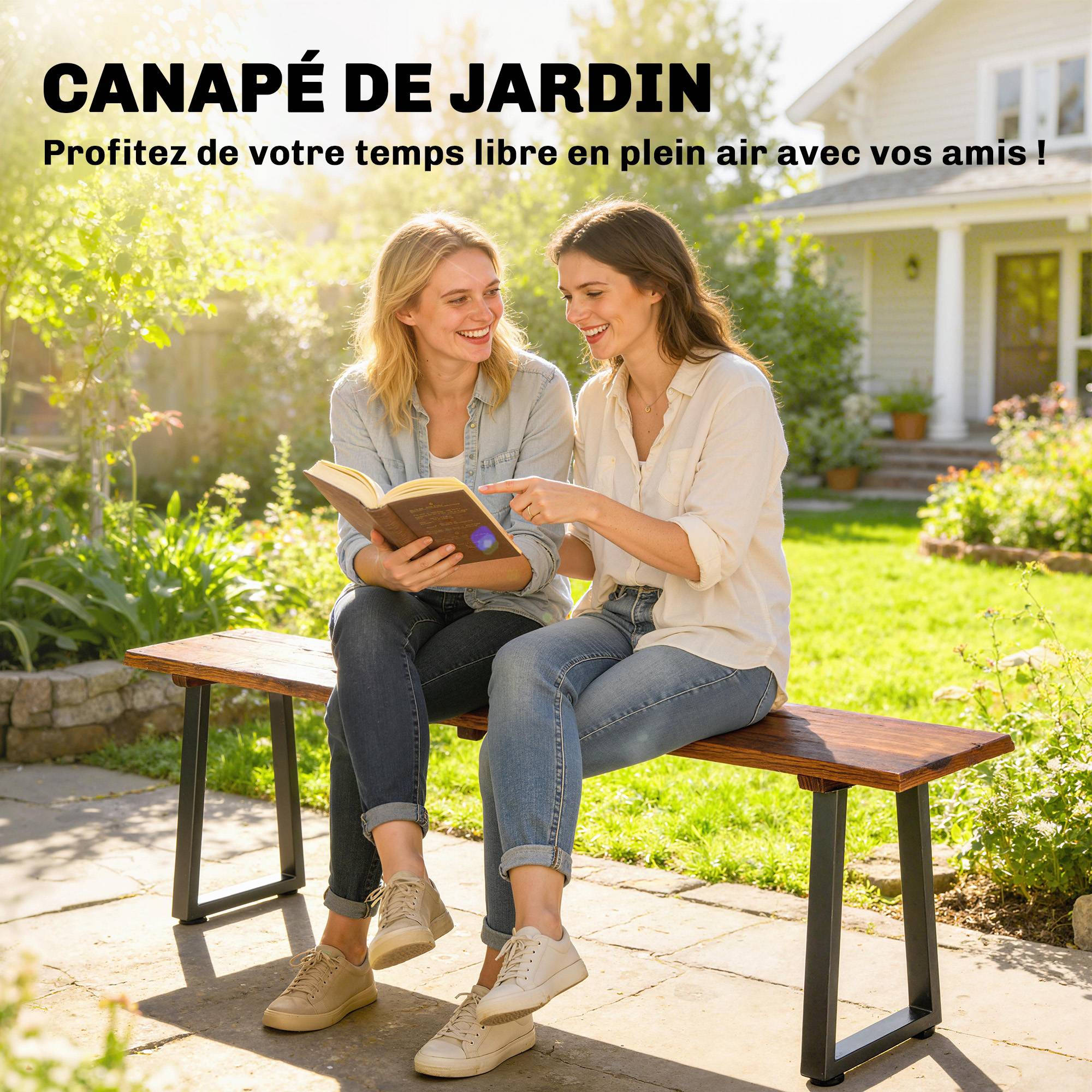 Banc de Jardin en Bois Sans Dossier en Bois, Pieds trapézoïdaux en acier, 2 Places à Effet Bois, 150x28x48cm, Carbonisé - Image 6