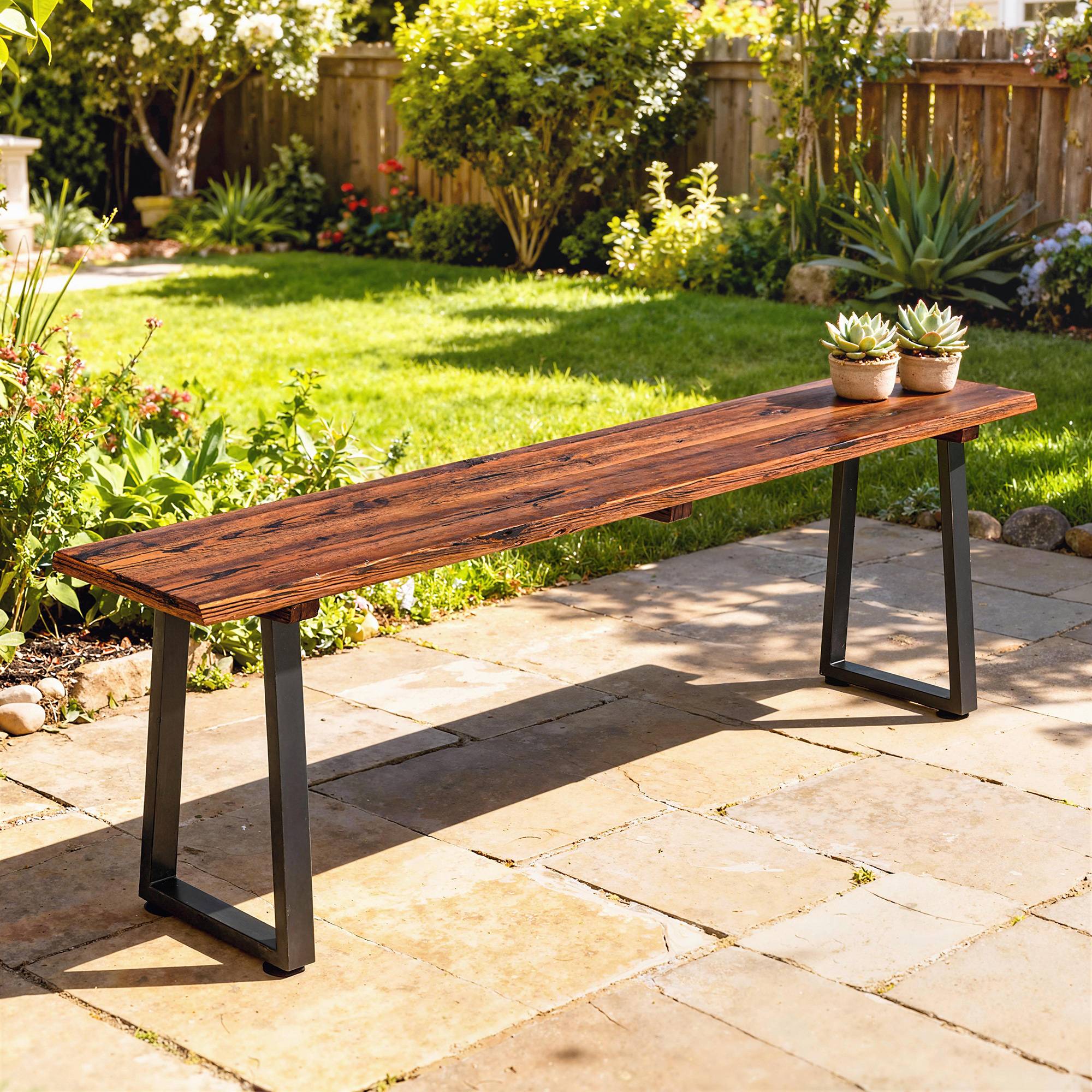 Banc de Jardin en Bois Sans Dossier en Bois, Pieds trapézoïdaux en acier, 2 Places à Effet Bois, 150x28x48cm, Carbonisé - Image 4